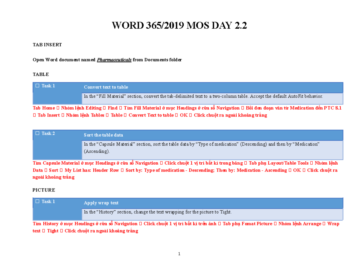WORD 365/2019 MOS DAY 2.2: Table, Picture, Shape & 3D Model Tasks - Studocu