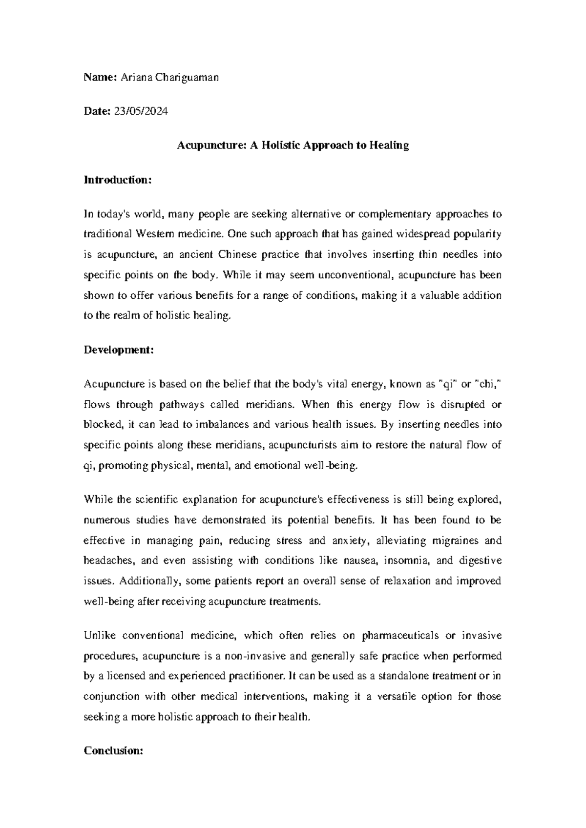 Acupuncture: A Holistic Healing Approach - Essay Notes - Studocu