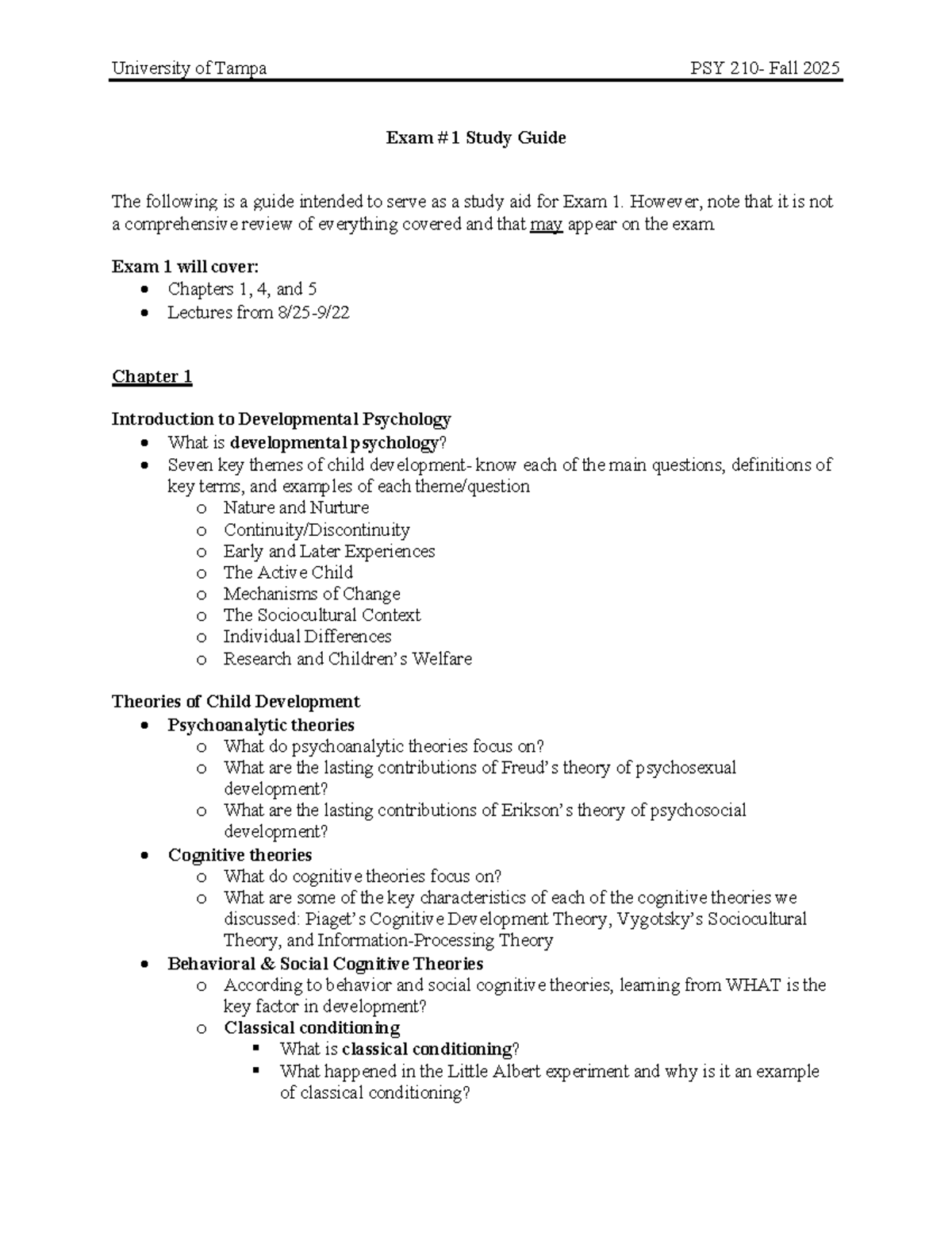PSY 210 - Fall 2025: Exam 1 Study Guide for Developmental Psychology ...