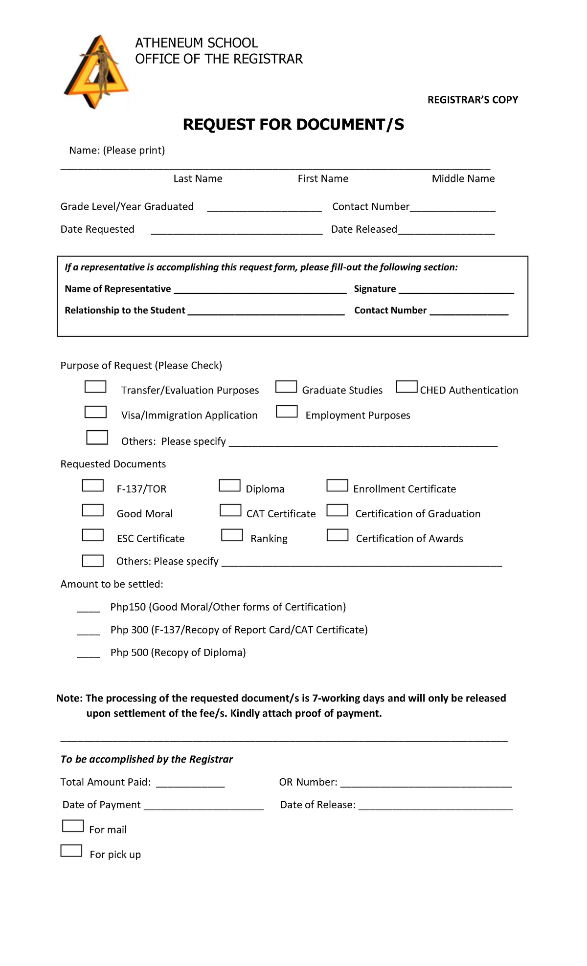 ATHENEUM SCHOOL COPY REQUEST FORM for Documents - Studocu