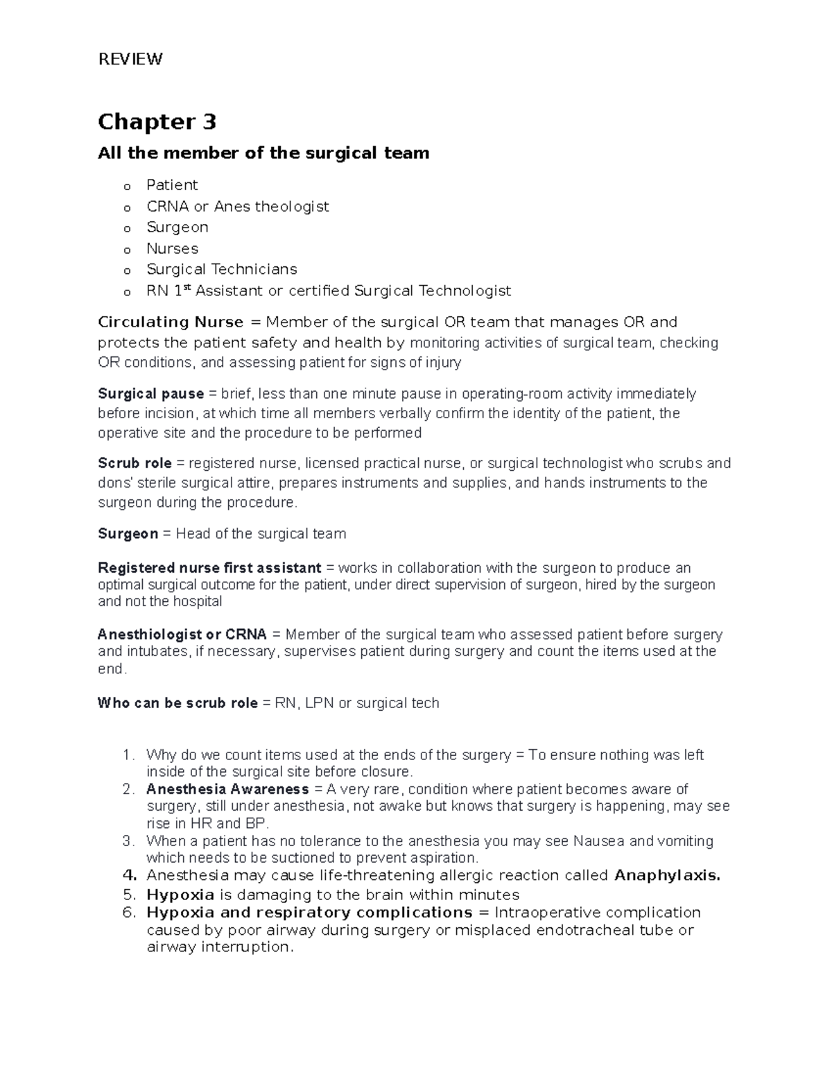 REVIEW Quizlet Exam 1 Pro 2 - Surgical Team Roles and Anesthesia ...