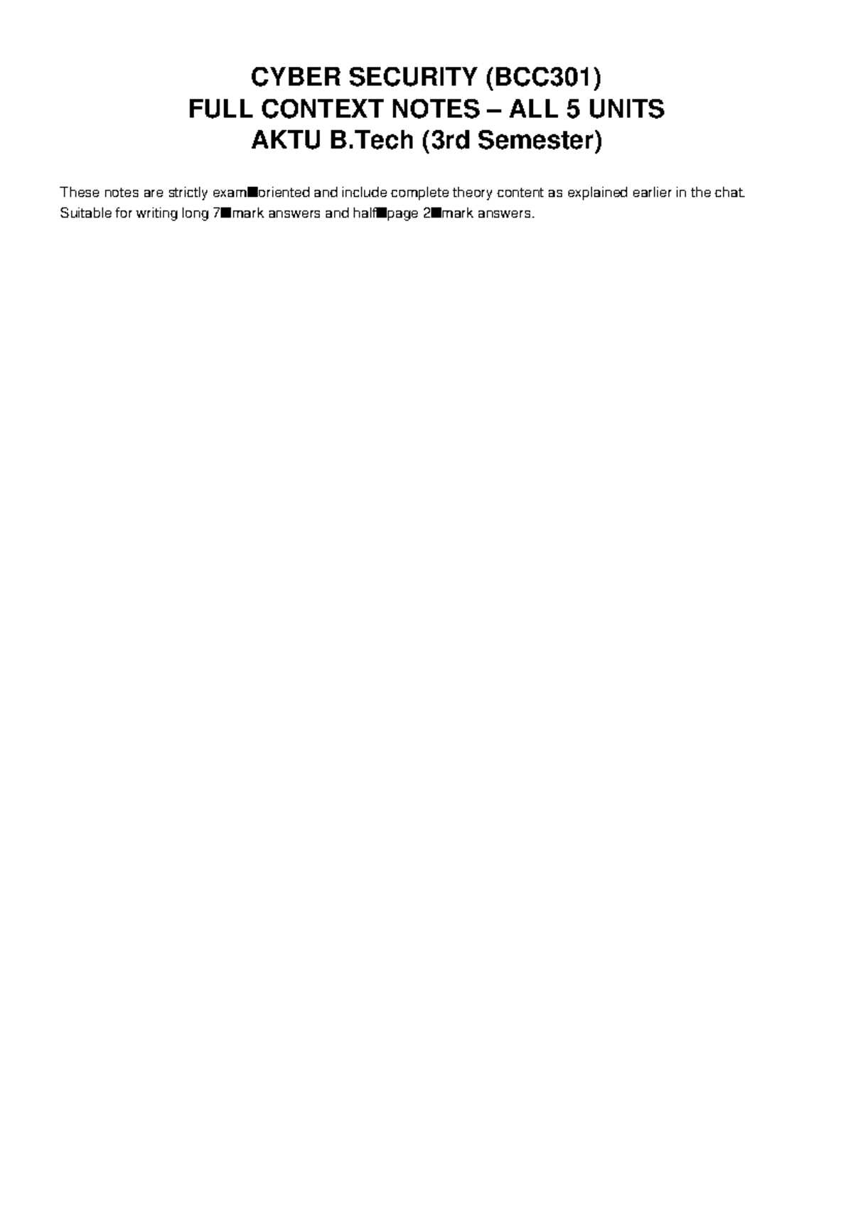 CYBER SECURITY (BCC301) COMPLETE NOTES FOR ALL 5 UNITS - Studocu