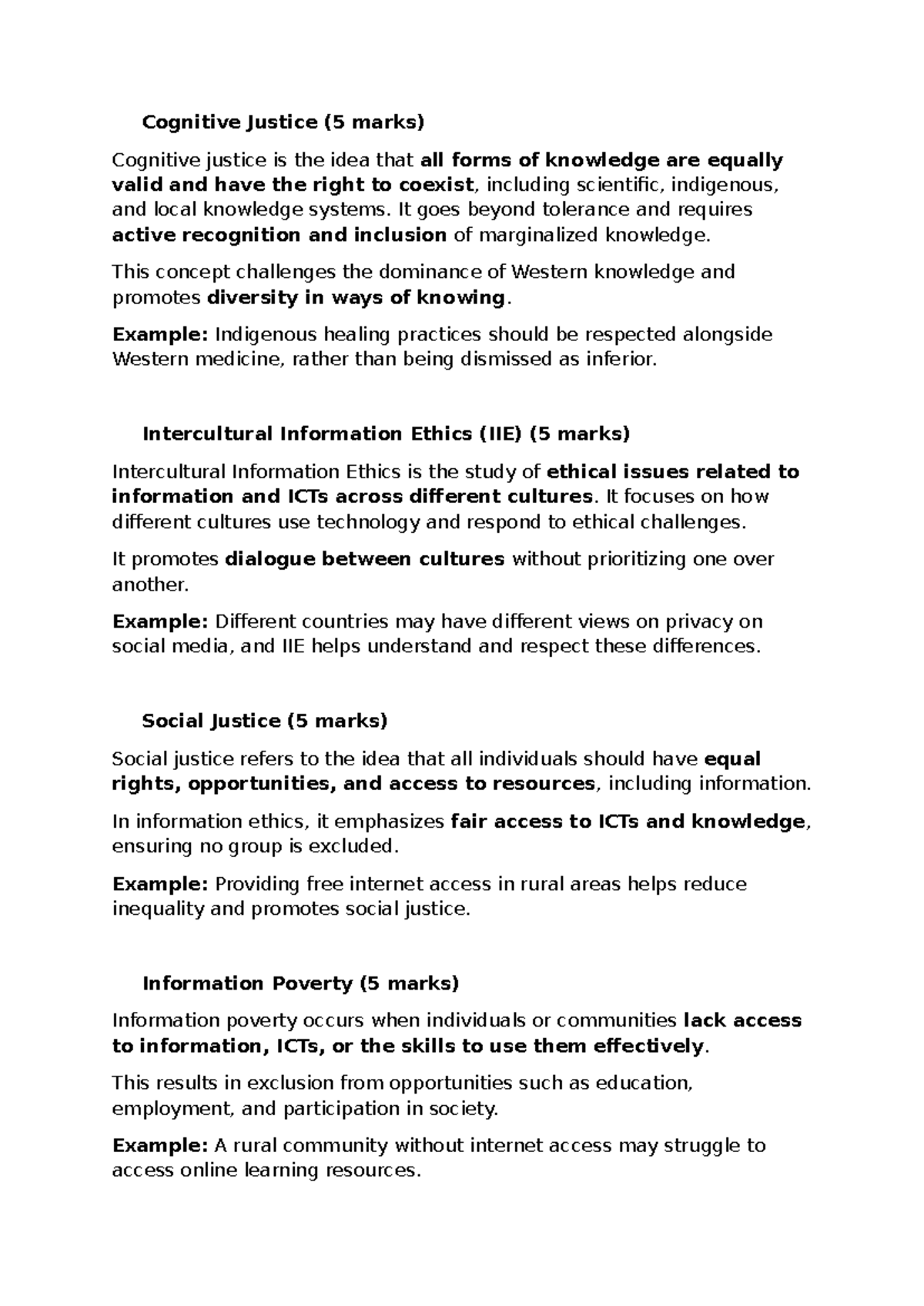 Theme 3 - Notes on Cognitive Justice & Information Ethics (5 marks ...