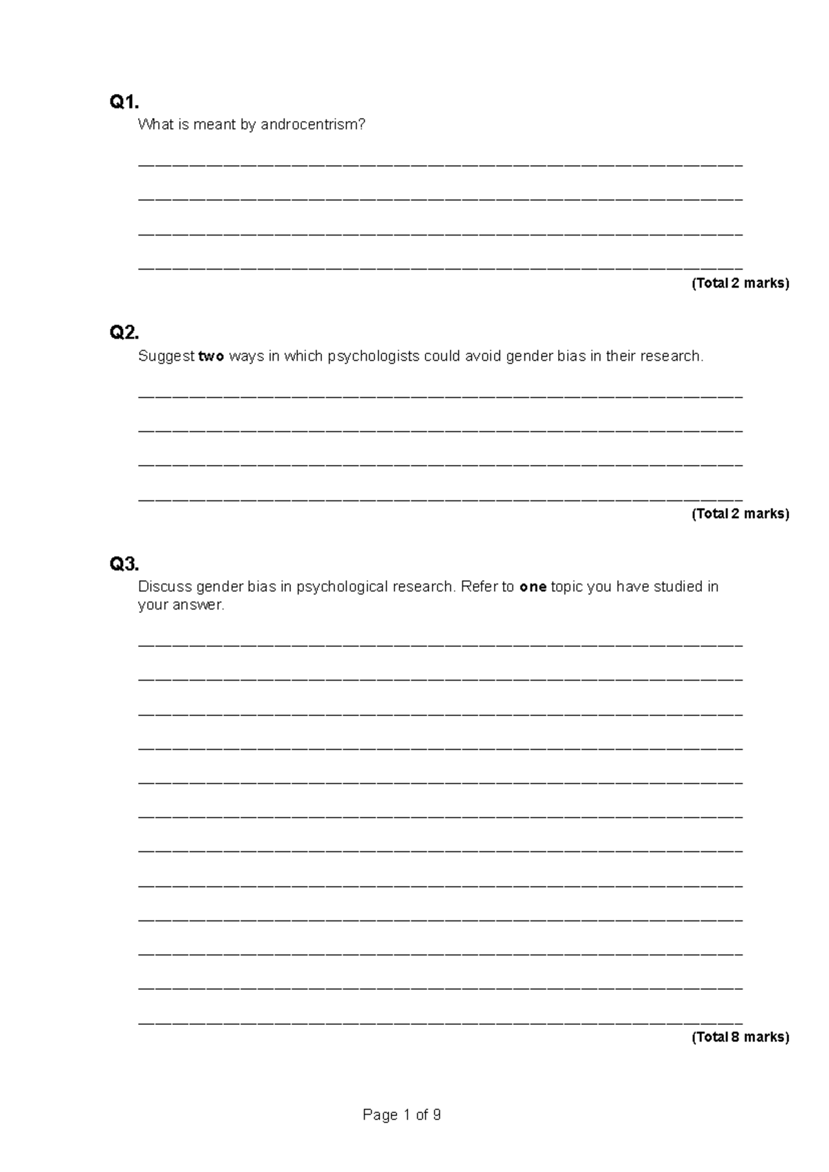 Psychology Essay Notes: Gender and Culture Bias (PSY101) - Studocu