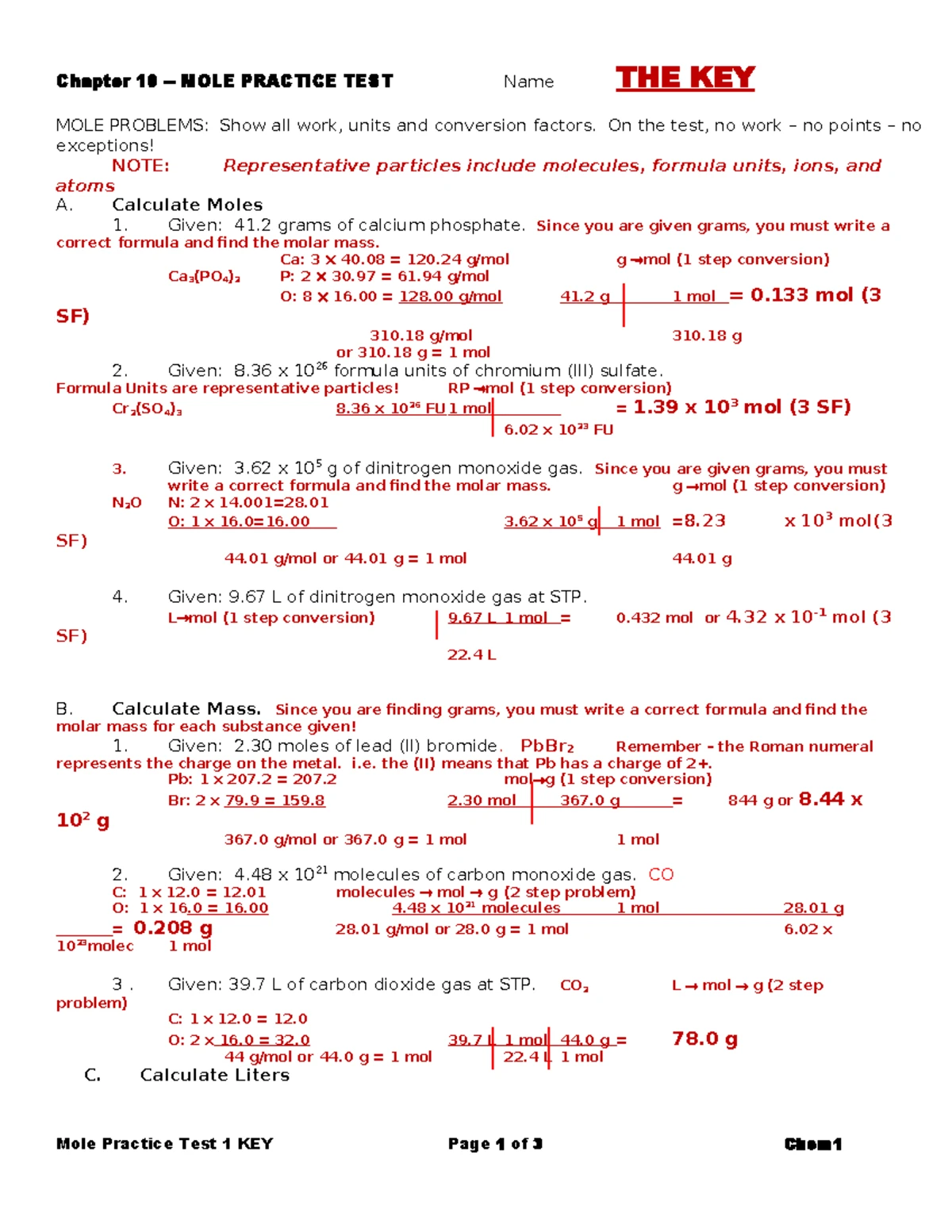Mole Practice Test 1 KEY - Chem1 - Studocu