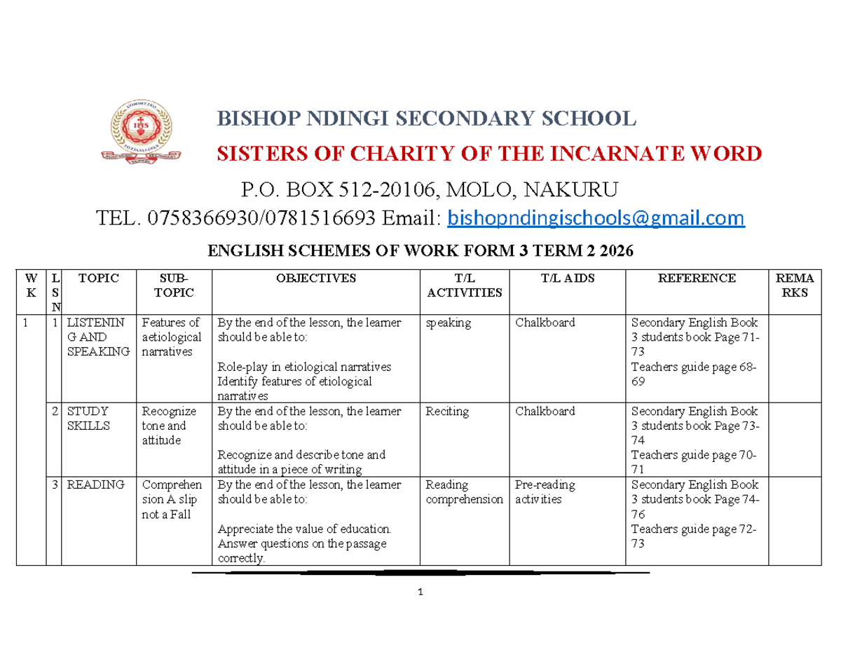 F3 ENG - Term 2 English Schemes of Work for 2026 - Document Preview