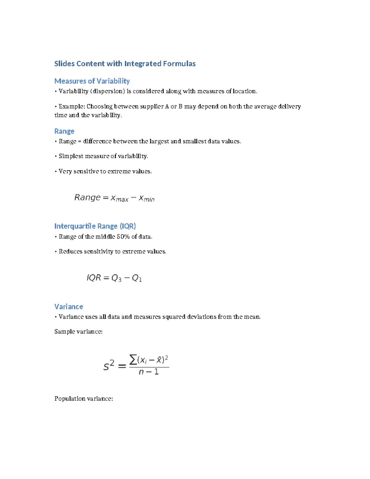 Slides on Measures of Variability and Integrated Formulas - Studocu