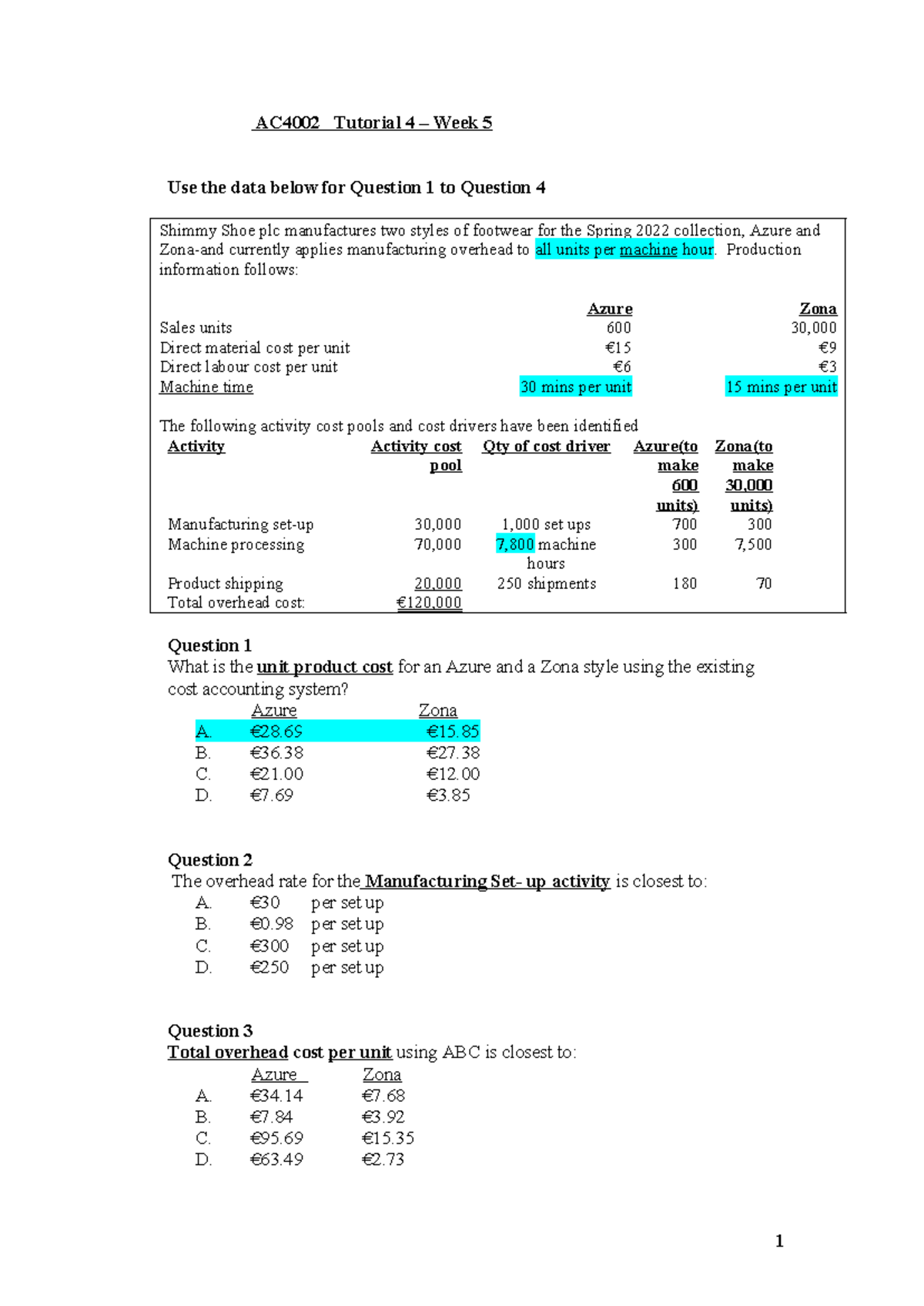 AC4002 Tutorial Questions for Week 5: Cost Accounting Analysis - Studocu