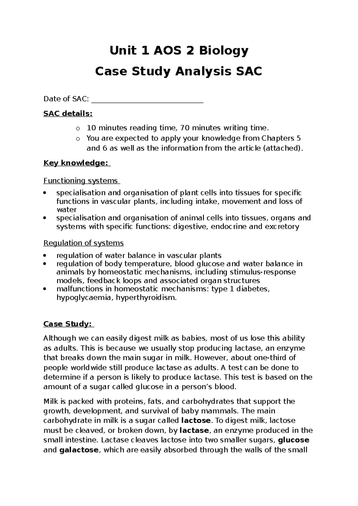 Unit 1 AOS 2 Biology Case Study Analysis: Lactase Persistence - Studocu