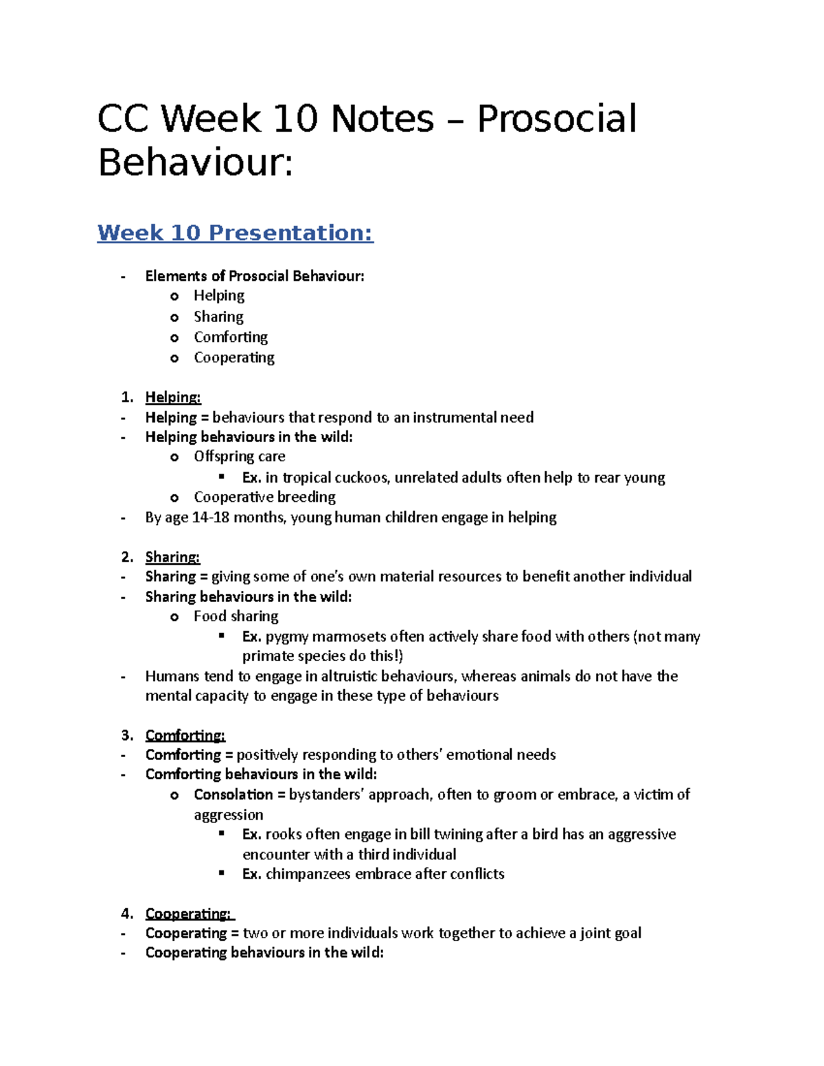 CC Week 10 Notes - Understanding Prosocial Behaviour Concepts - Studocu