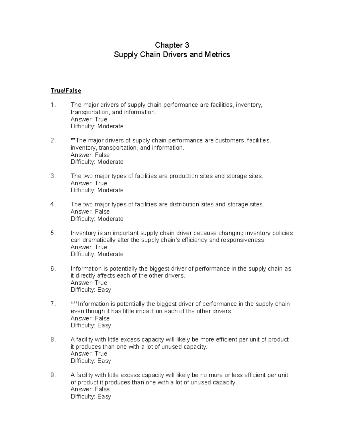 Chapter 3: Supply Chain Drivers & Metrics Overview (SCM 047x) - Studocu