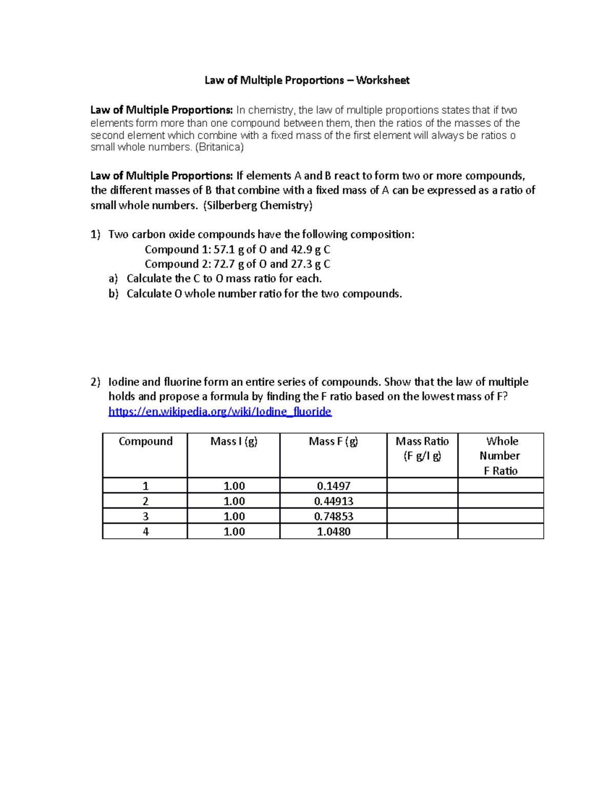Law of Multiple Proportions: Q&A Worksheet for Chemistry Study - Studocu
