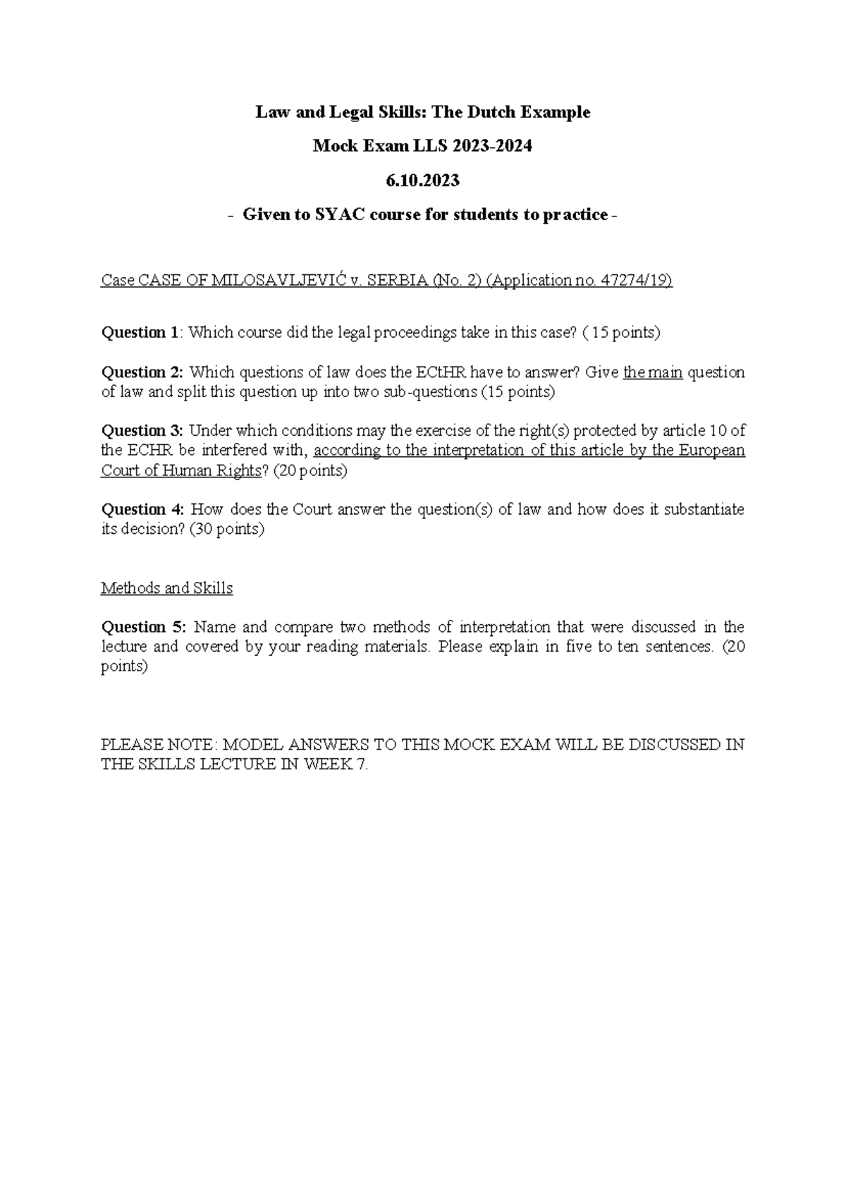 Mock Exam LLS 2023: Law and Legal Skills - Dutch Example Analysis ...