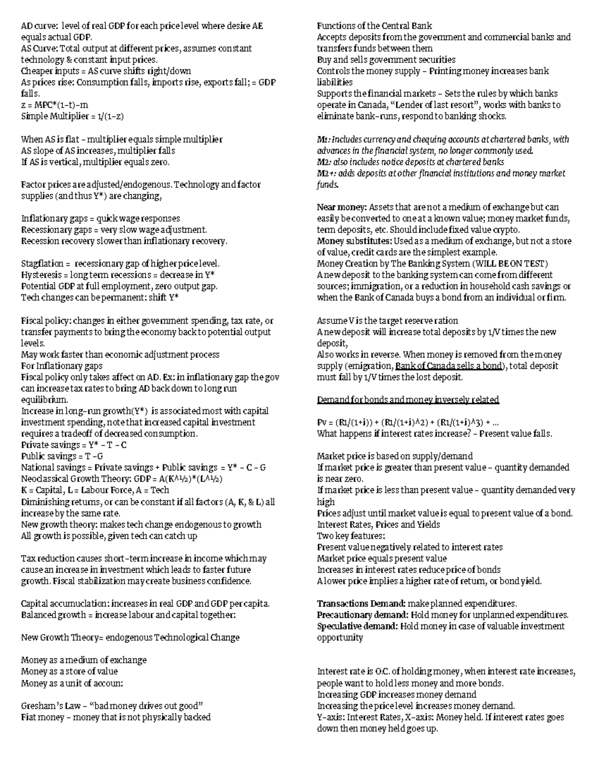 EC140 Midterm 2 Cheat Sheet - AD curve: level of real GDP for each ...