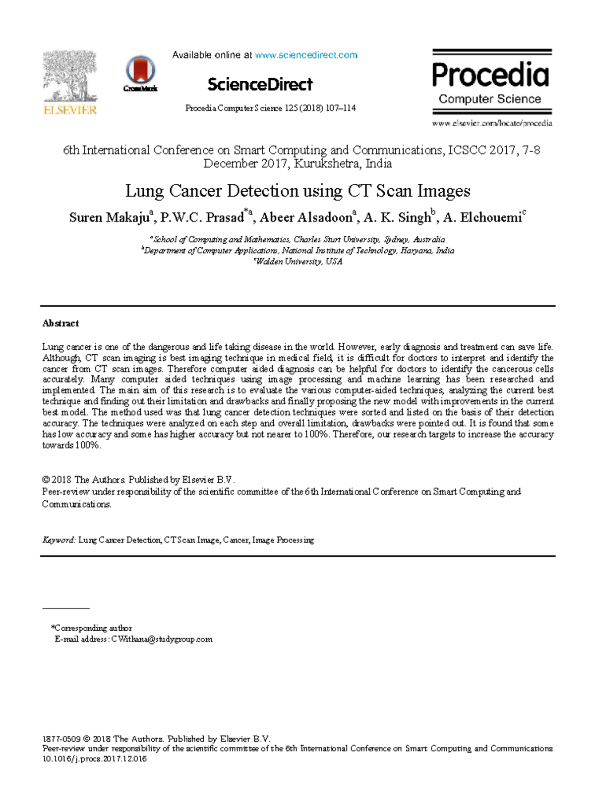 Lung Cancer Detection Techniques Using CT Scans: A Review (ICSCC 2017 ...