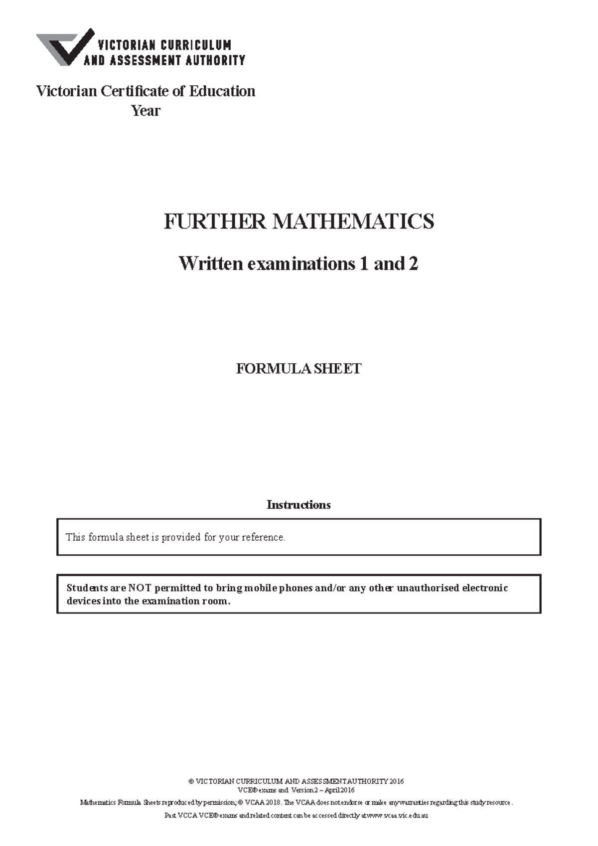 Fur Maths-formulasheet - FURTHER MATHEMATICS Written examinations 1 and ...