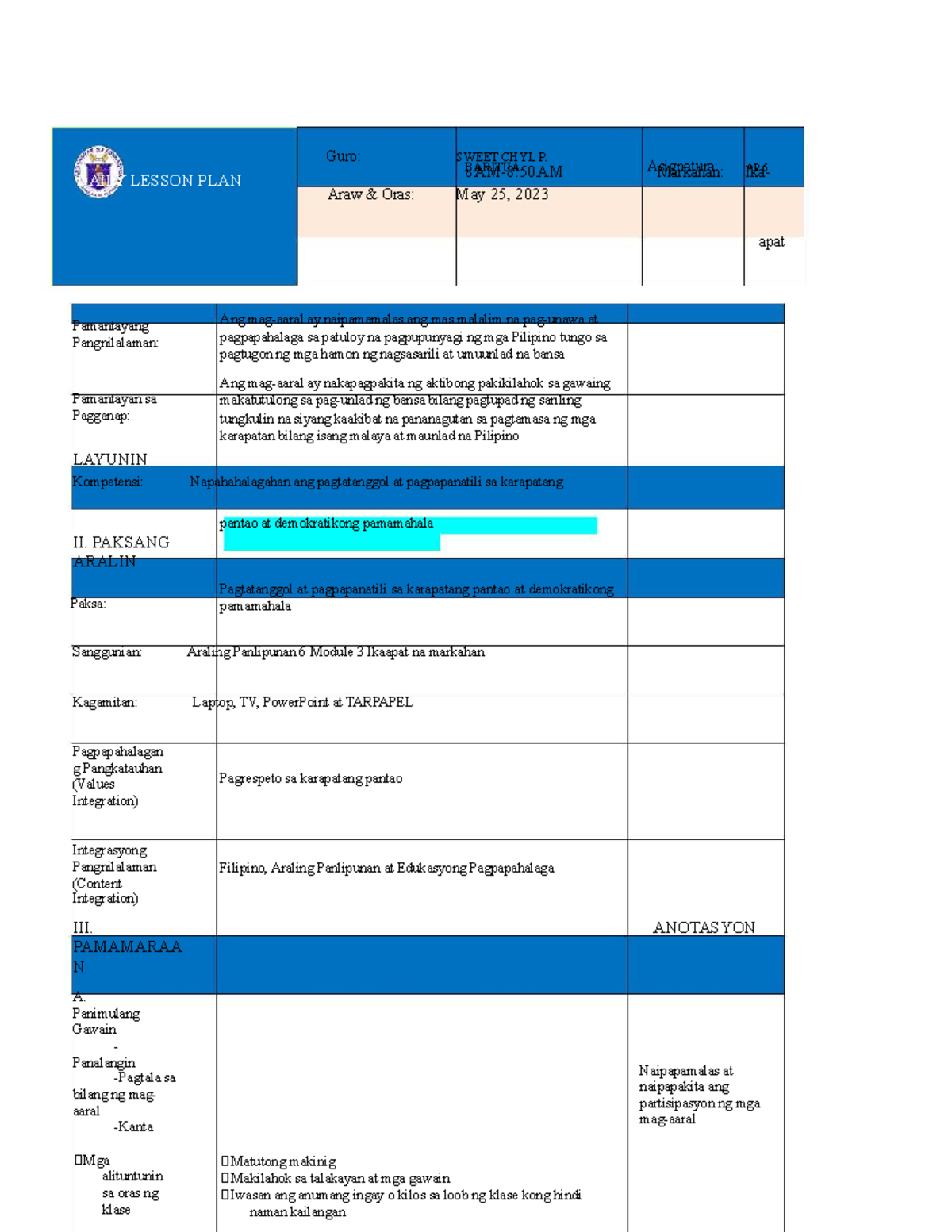 AP 6 Daily Lesson Plan on Human Rights and Democratic Governance - Studocu