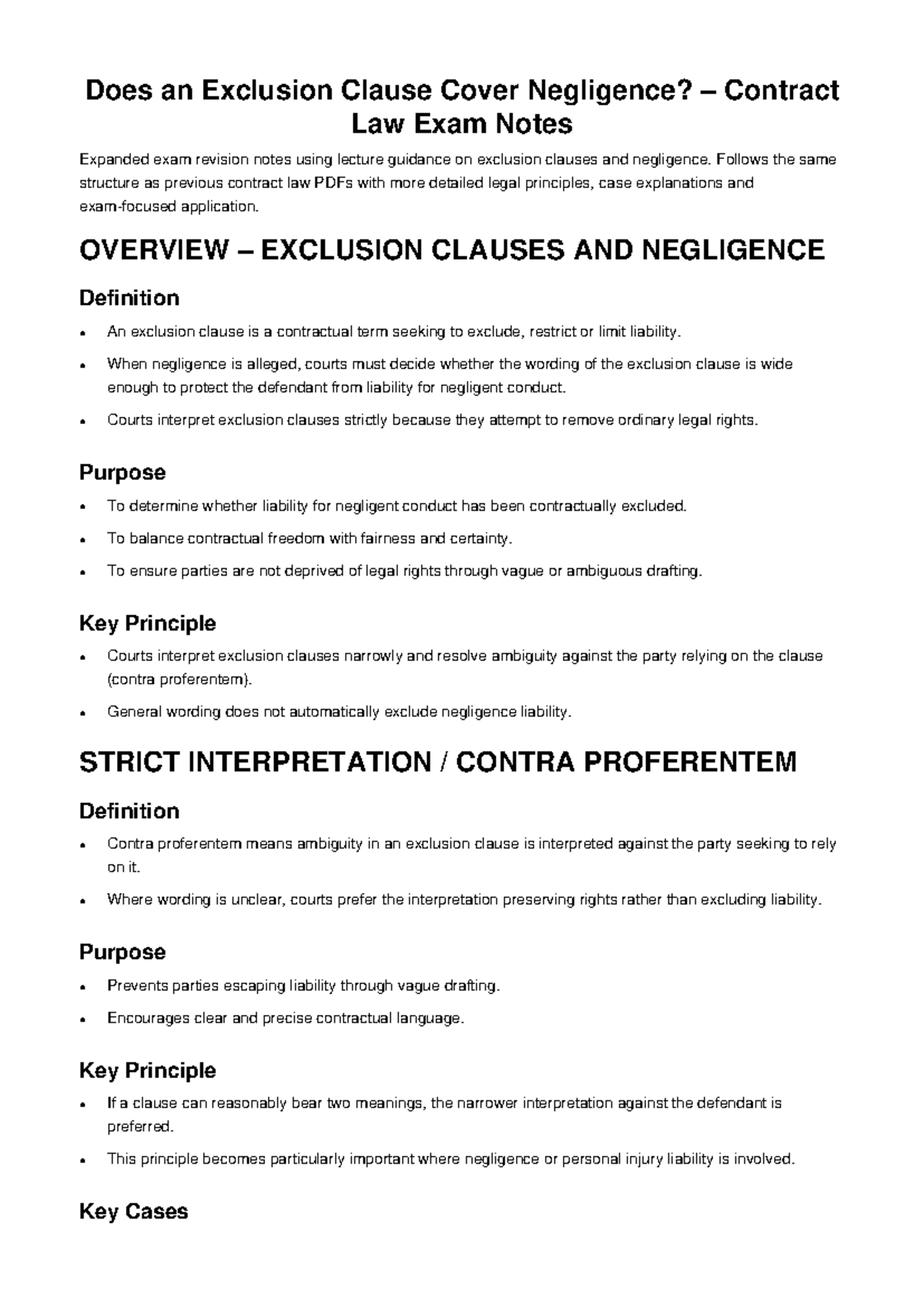 Contract Law Exam Notes: Exclusion Clauses & Negligence Analysis - Studocu