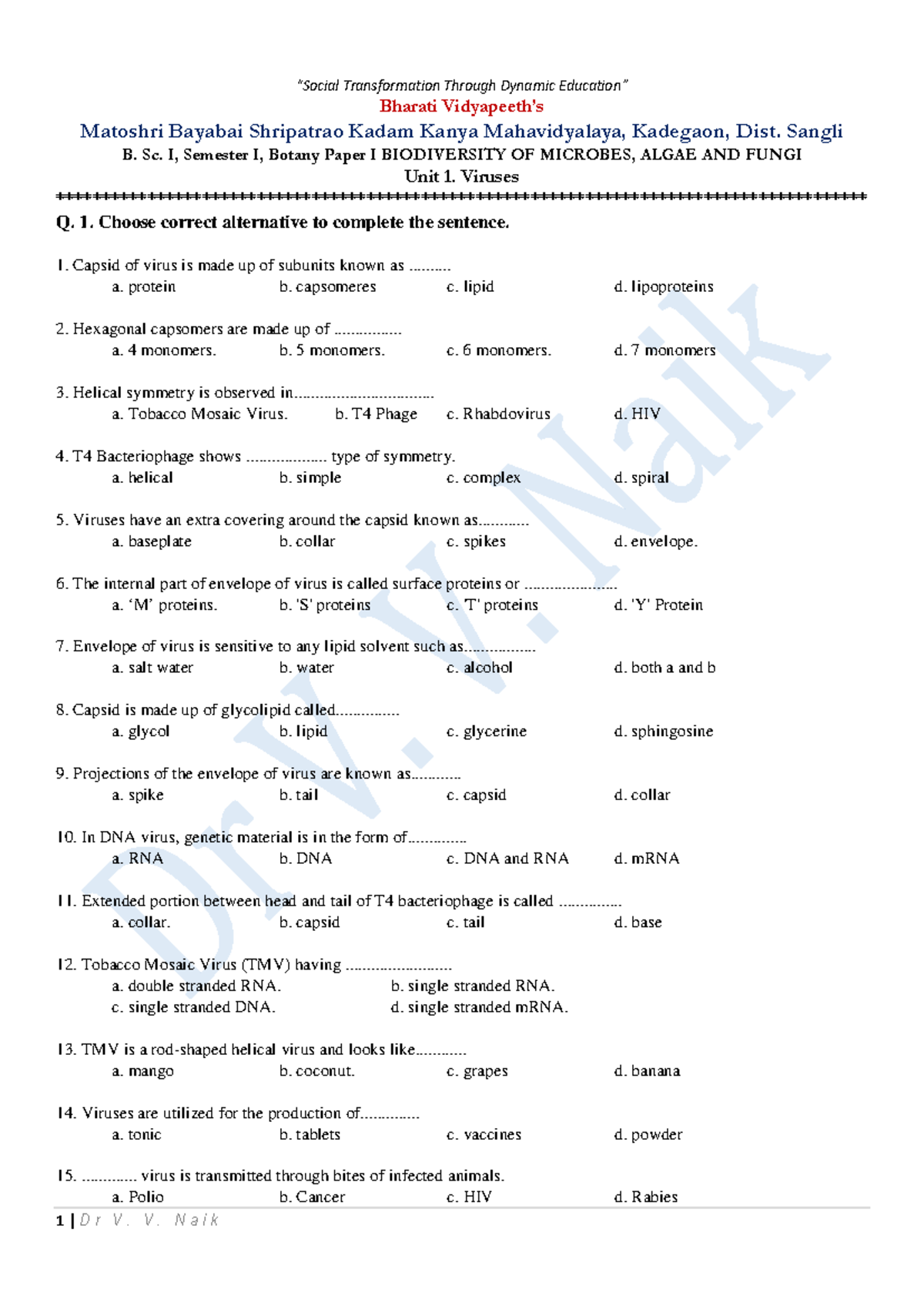 BSc I Botany Unit 1: Viruses - Key Questions & Answers - Studocu