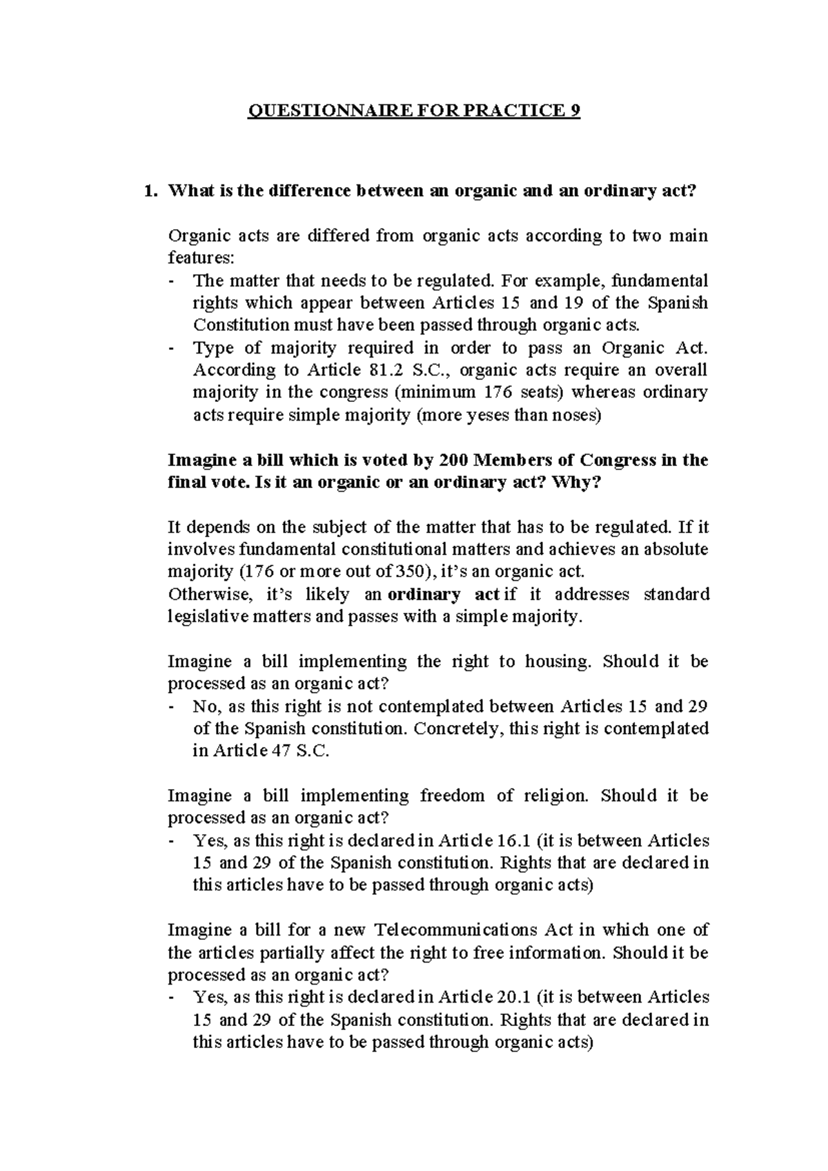 Practice 9 Questionnaire: Organic vs. Ordinary Acts Explained - Studocu