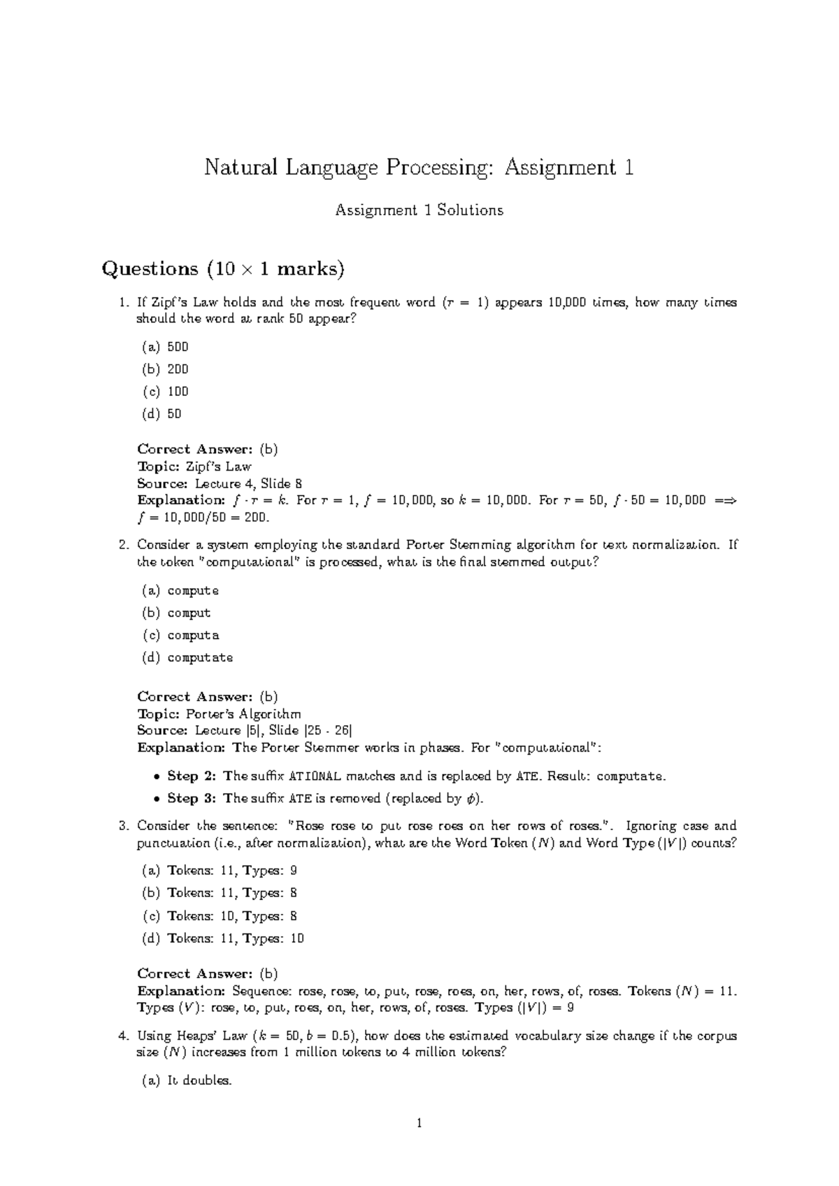 Natural Language Processing (NLP) Assignments 01-10 Solutions - Studocu