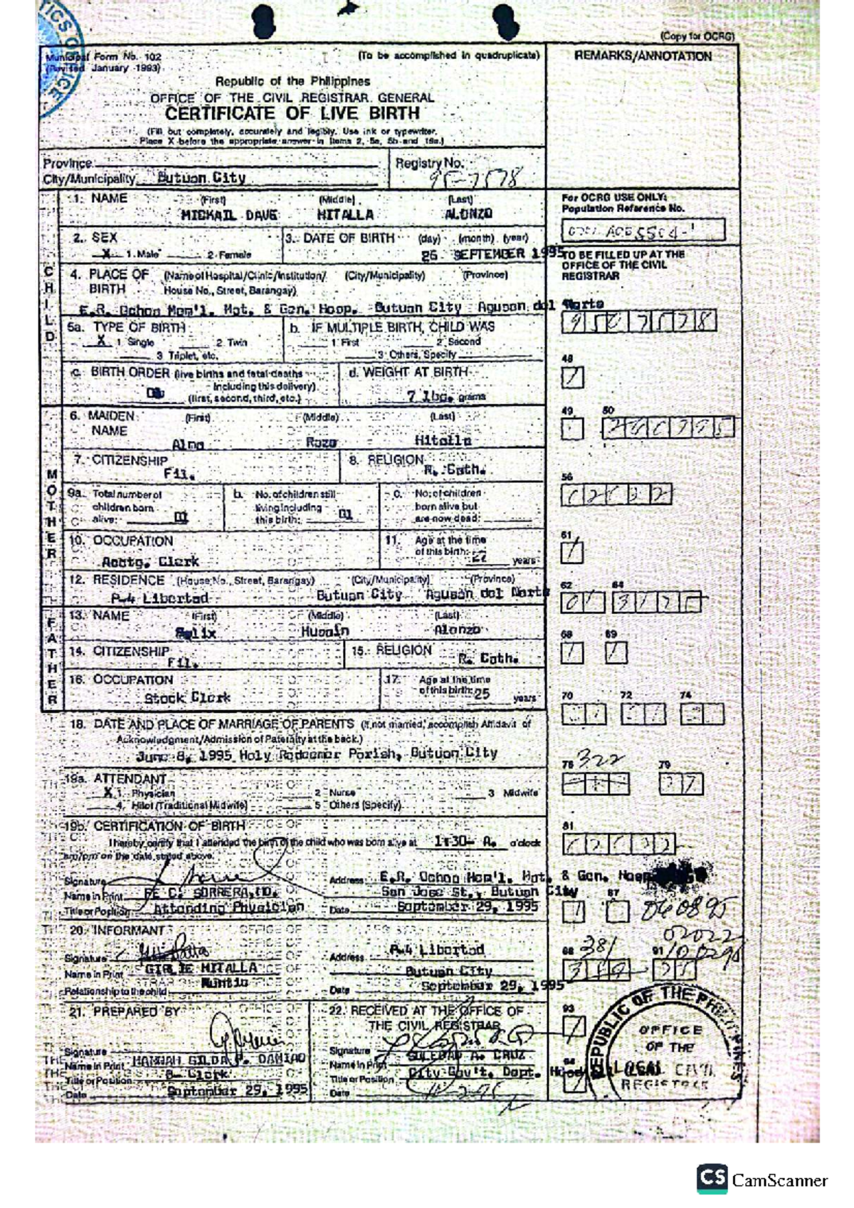 Municipal Form No. 102: Certificate of Live Birth (Revised 1993) - Studocu