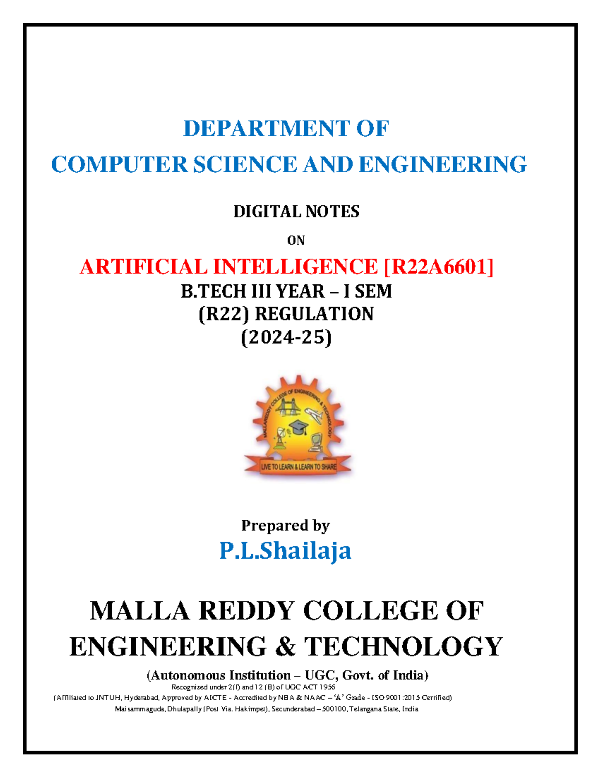 Artificial Intelligence Digital Notes for B.Tech I Sem (R22) - Studocu