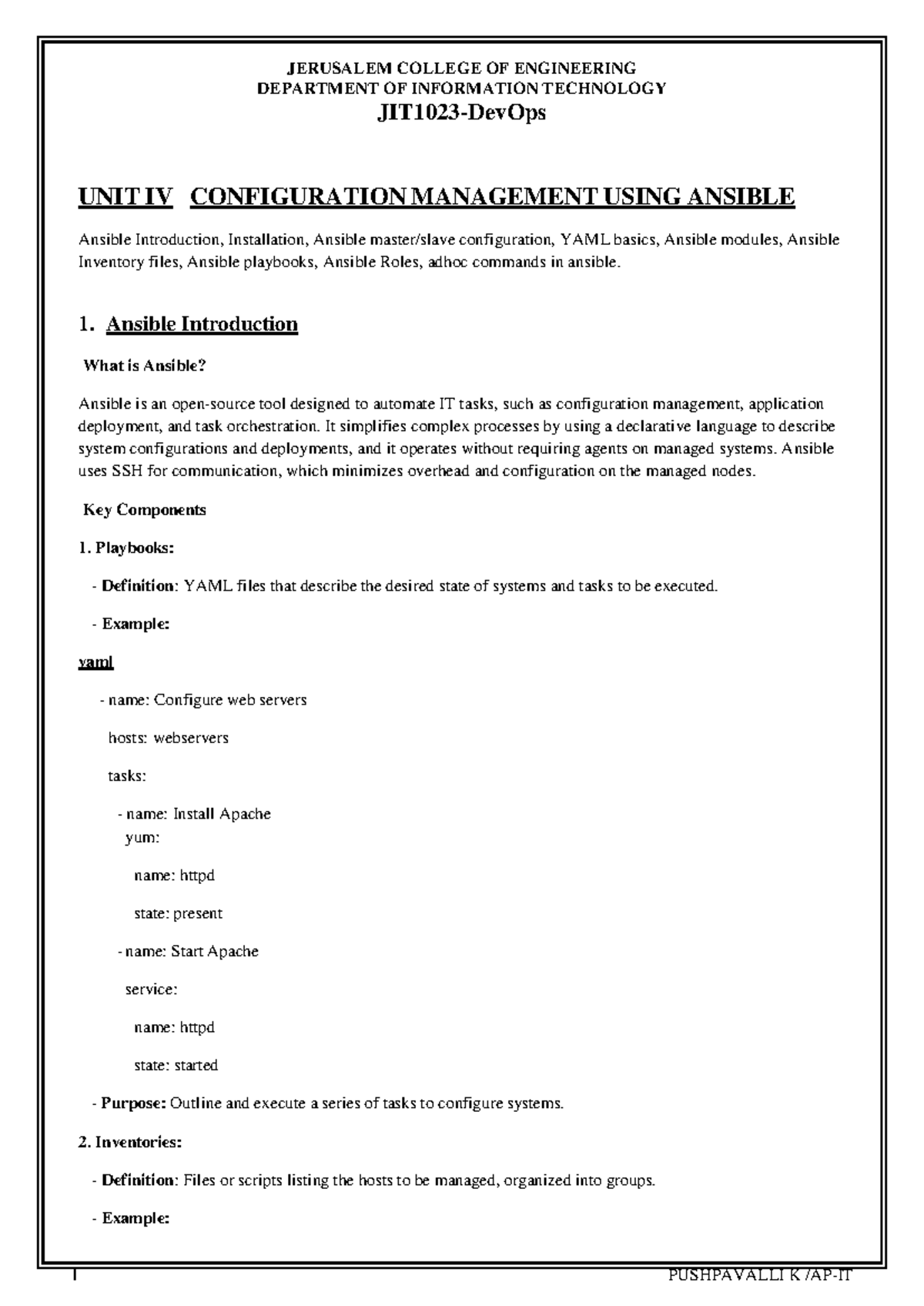 JIT1023 UNIT IV - Ansible Configuration Management Notes - Studocu