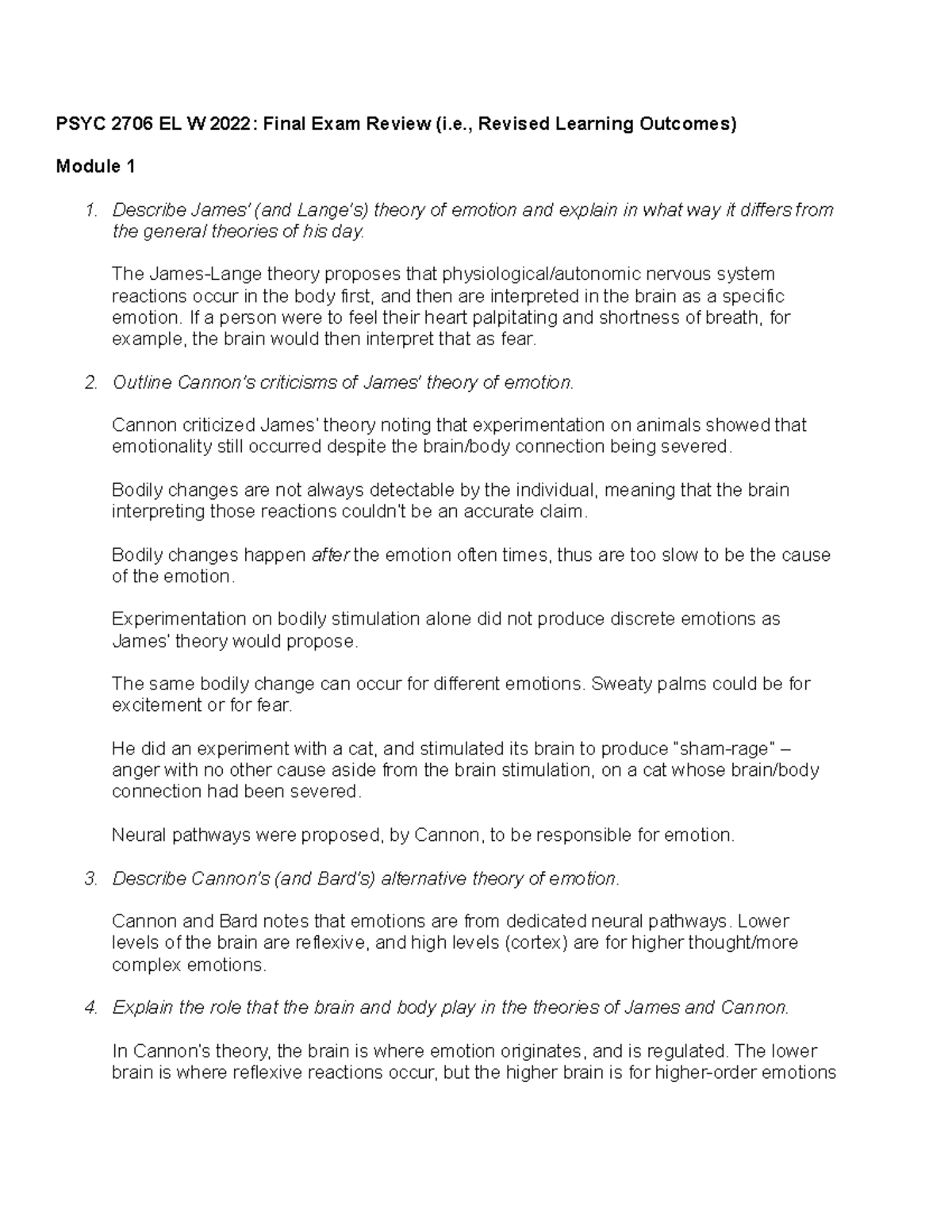 PSYC 2706 EL W 2022 - Comprehensive Final Exam Review Notes - Studocu