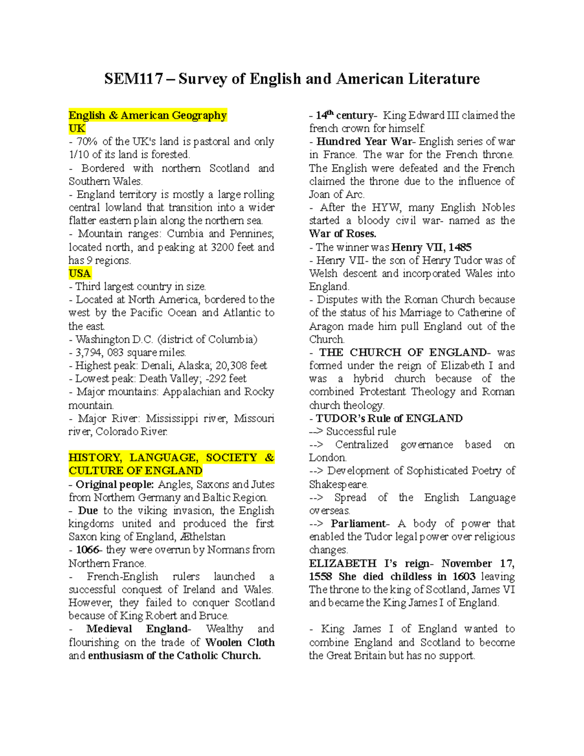 SEM117 Prelim- Reviewer.docx-1 - SEM117 – Survey of English and ...