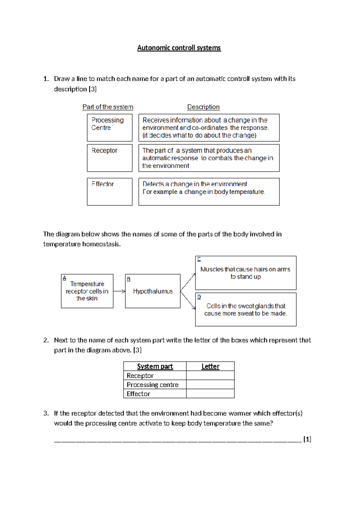 Autonomic Control Systems Worksheet for Temperature Homeostasis - Studocu