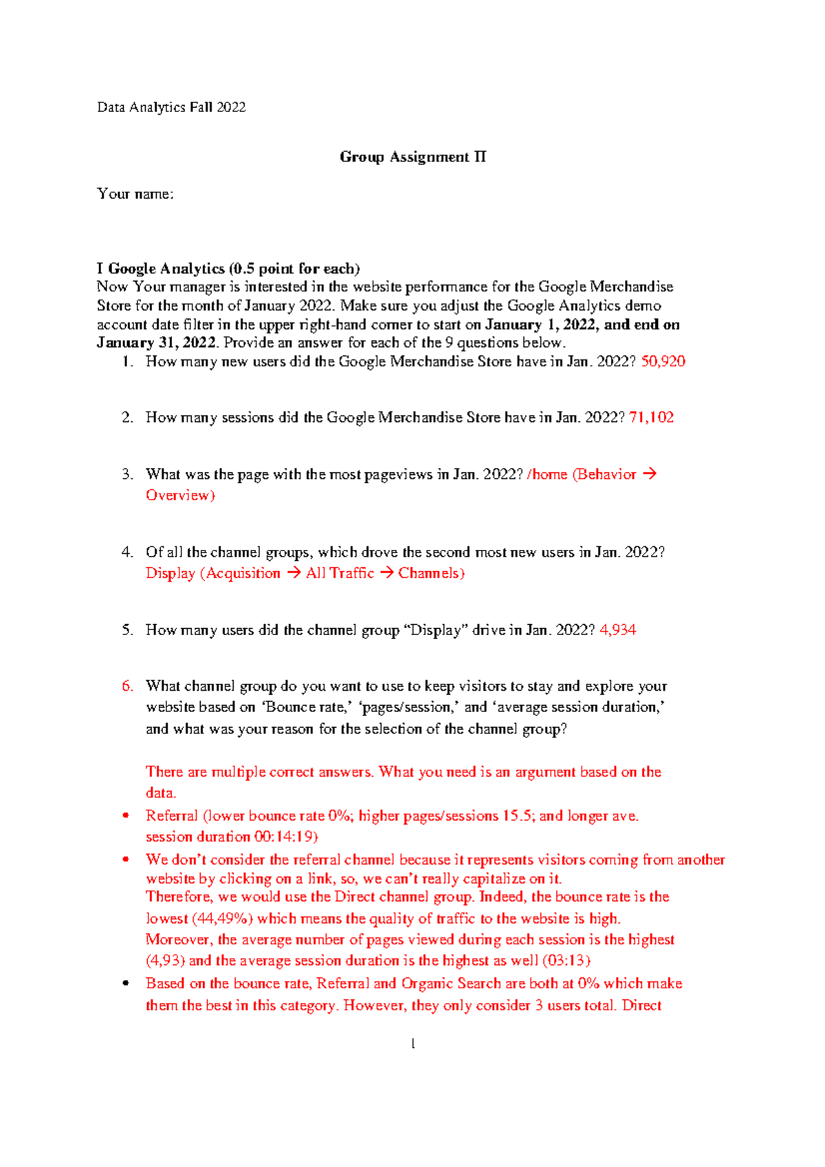Google Analytics Assignment Students - Answer - Data Analytics Fall ...