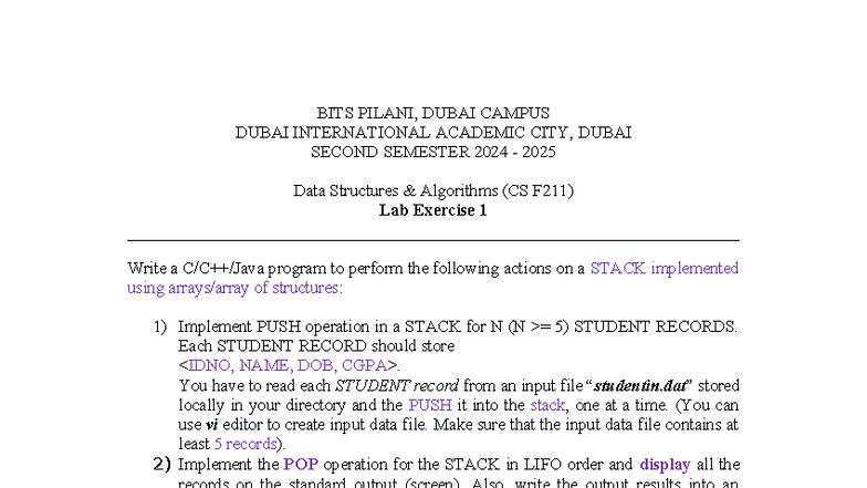 CS F211 DSA Lab Ex1: Stack Implementation with Student Records - Studocu