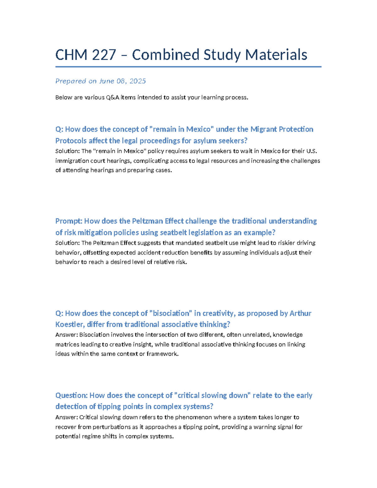 CHM 227 Comprehensive Study Guide for Key Concepts and Solutions - Studocu