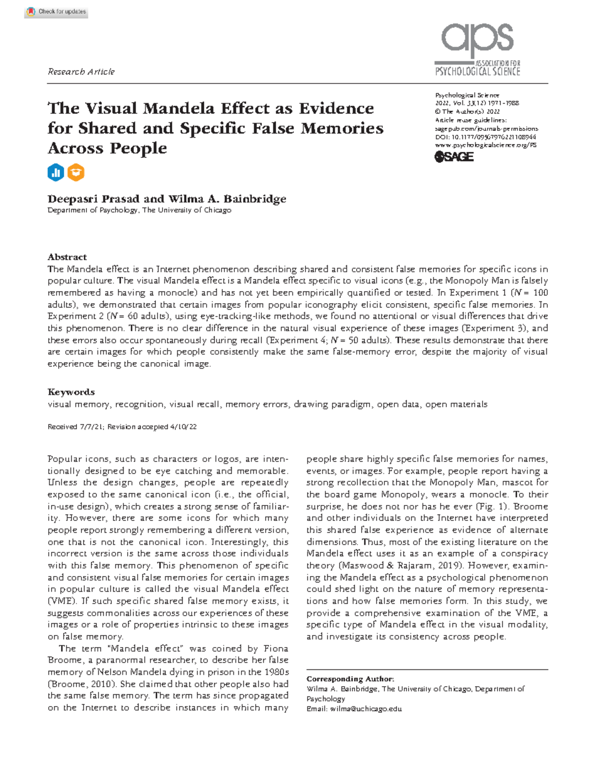 The Visual Mandela Effect: Evidence of Shared False Memories in PSY ...