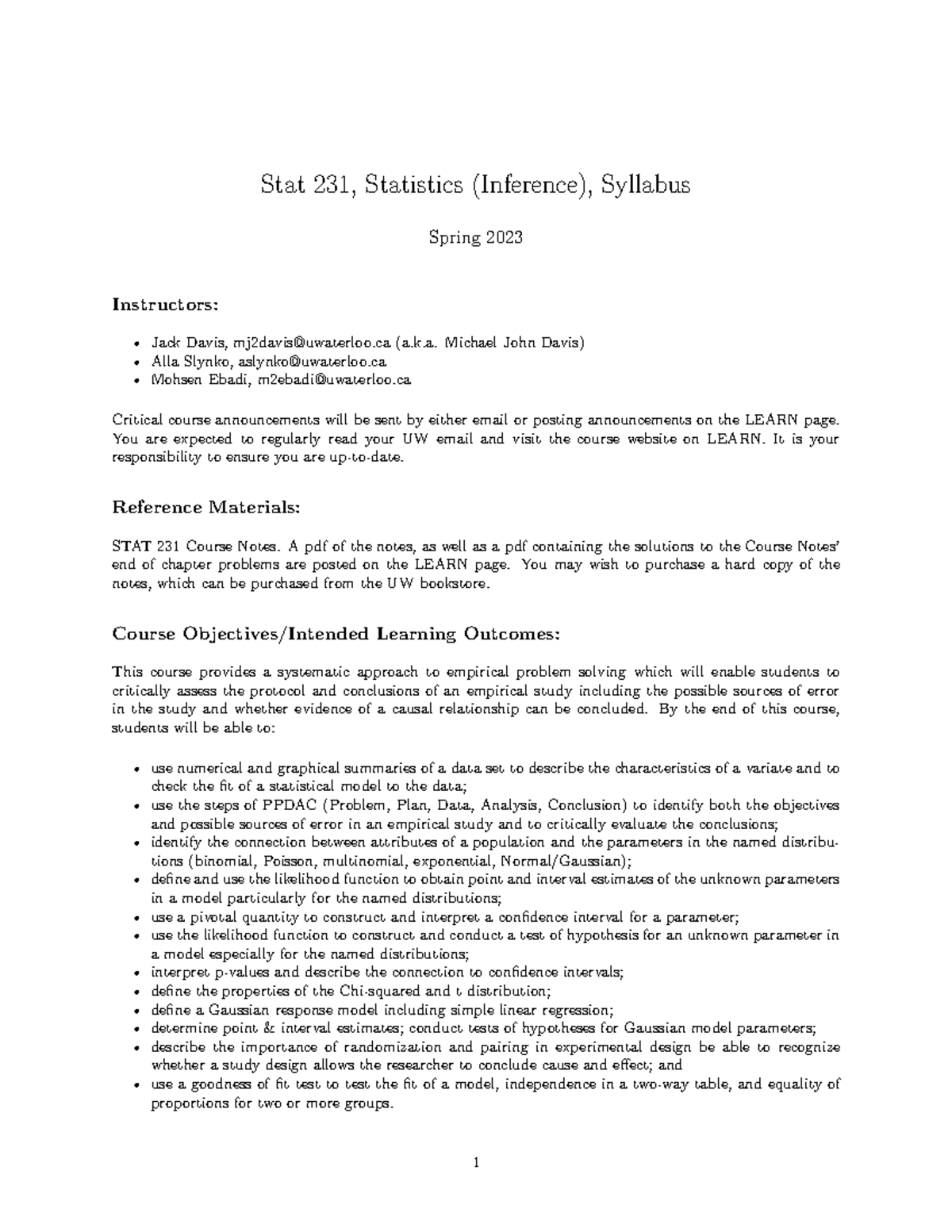 Stat 231 Syllabus - Statistics Inference for Spring 2023 - Studocu