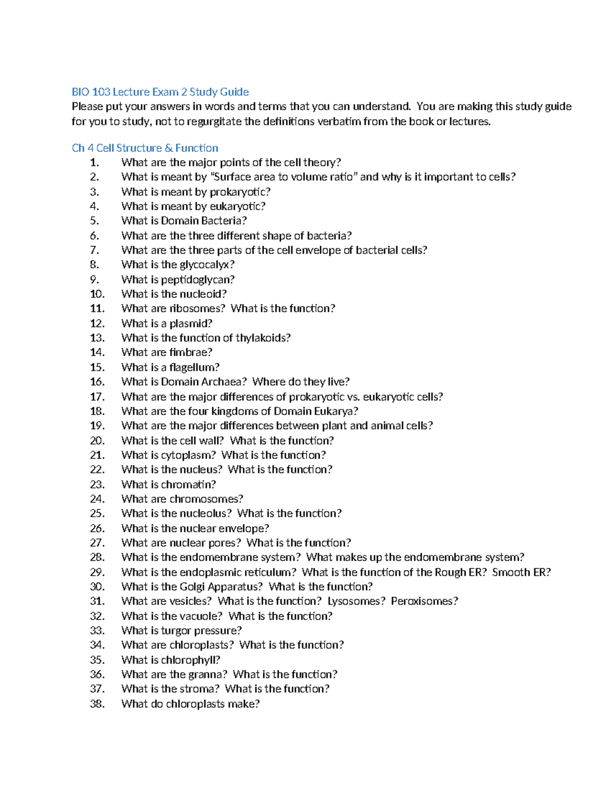 BIO 103 Final Exam Study Guide: Cell Structure, Function & Metabolism ...