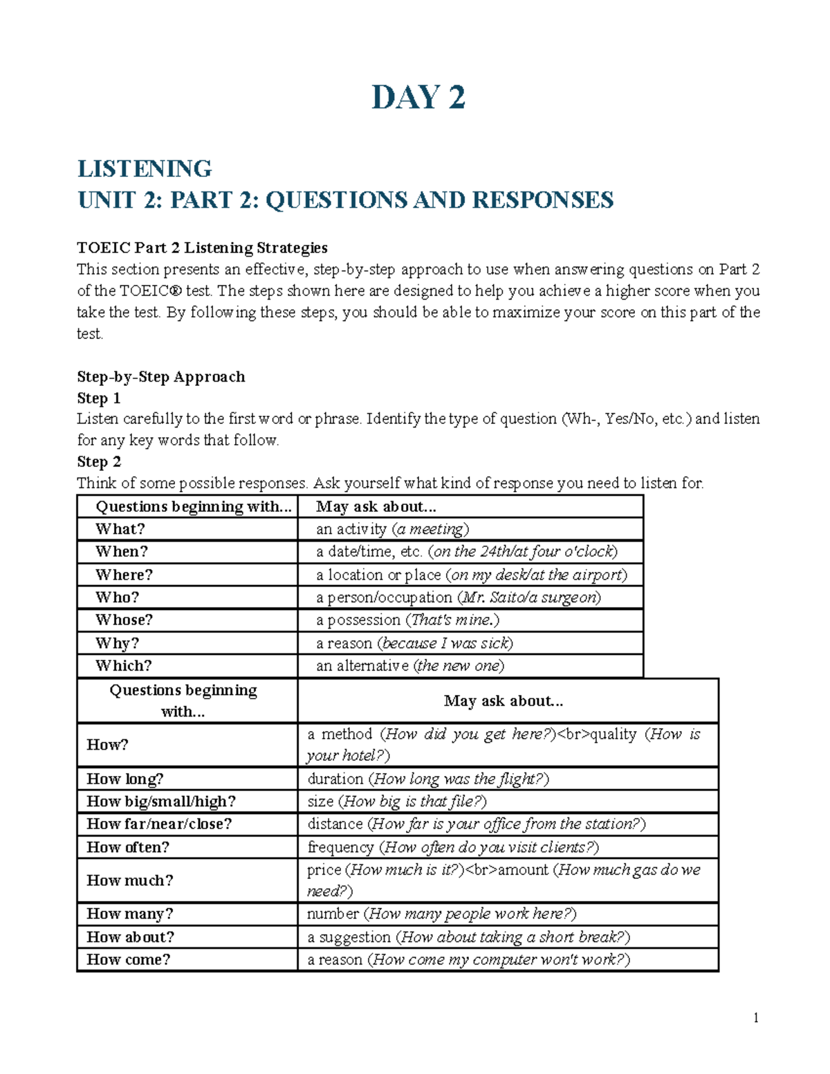 English 5A DAY 2: TOEIC Part 2 Listening Strategies and Exercises - Studocu