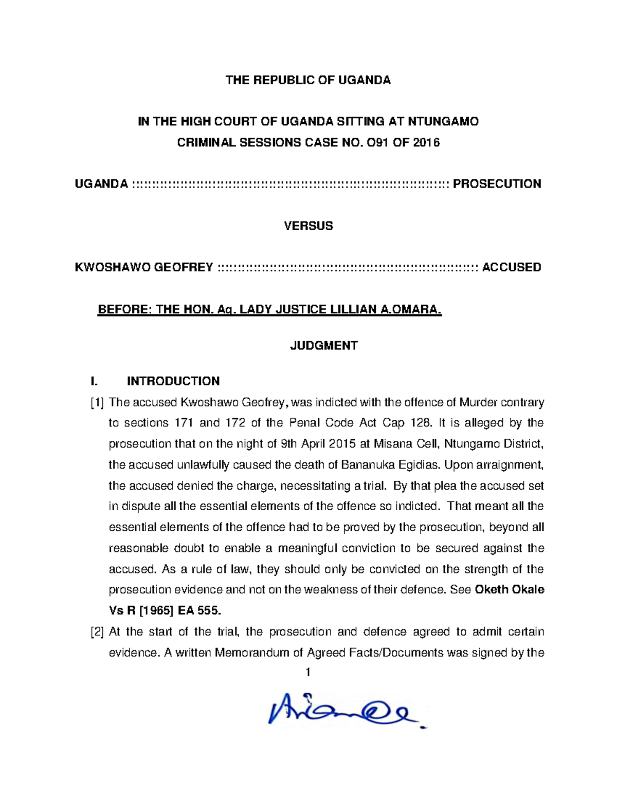 Uganda v Kwoshawo Geofrey: High Court Judgment on Murder Case O91/2016 ...