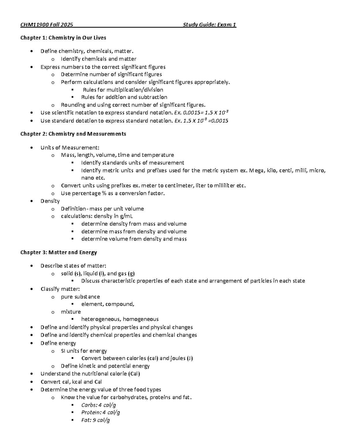 CHM11900 Fall 2025 Study Guide for Exam 1: Key Chemistry Concepts - Studocu