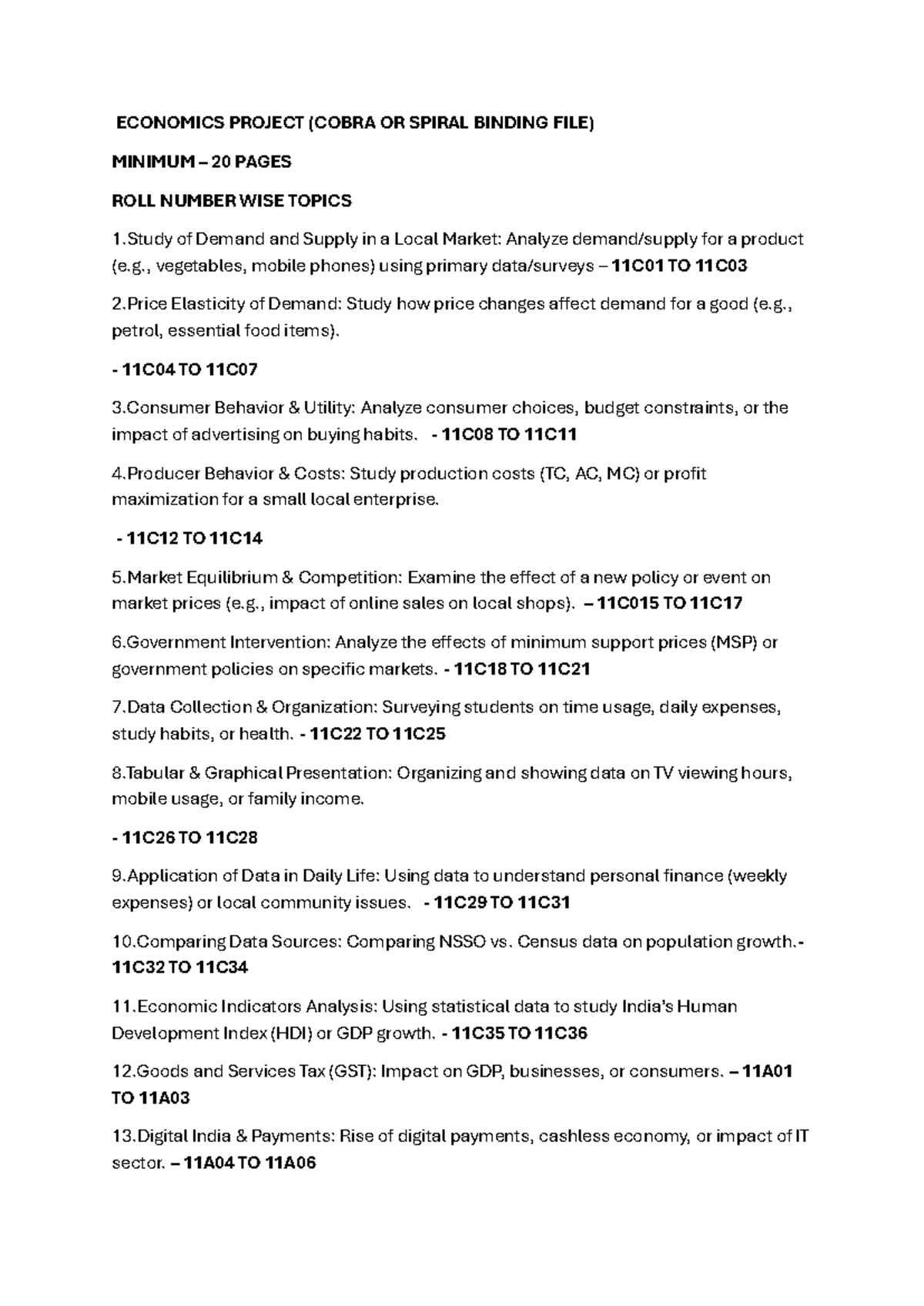 Economics Project Topics (11C01 to 11A06) for Analysis and Study - Studocu