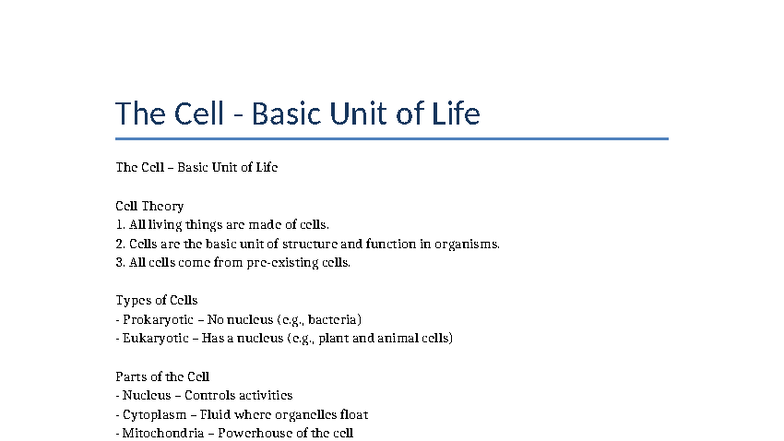 The Cell - Basic Unit of Life - All living things are made of cells. 2 ...