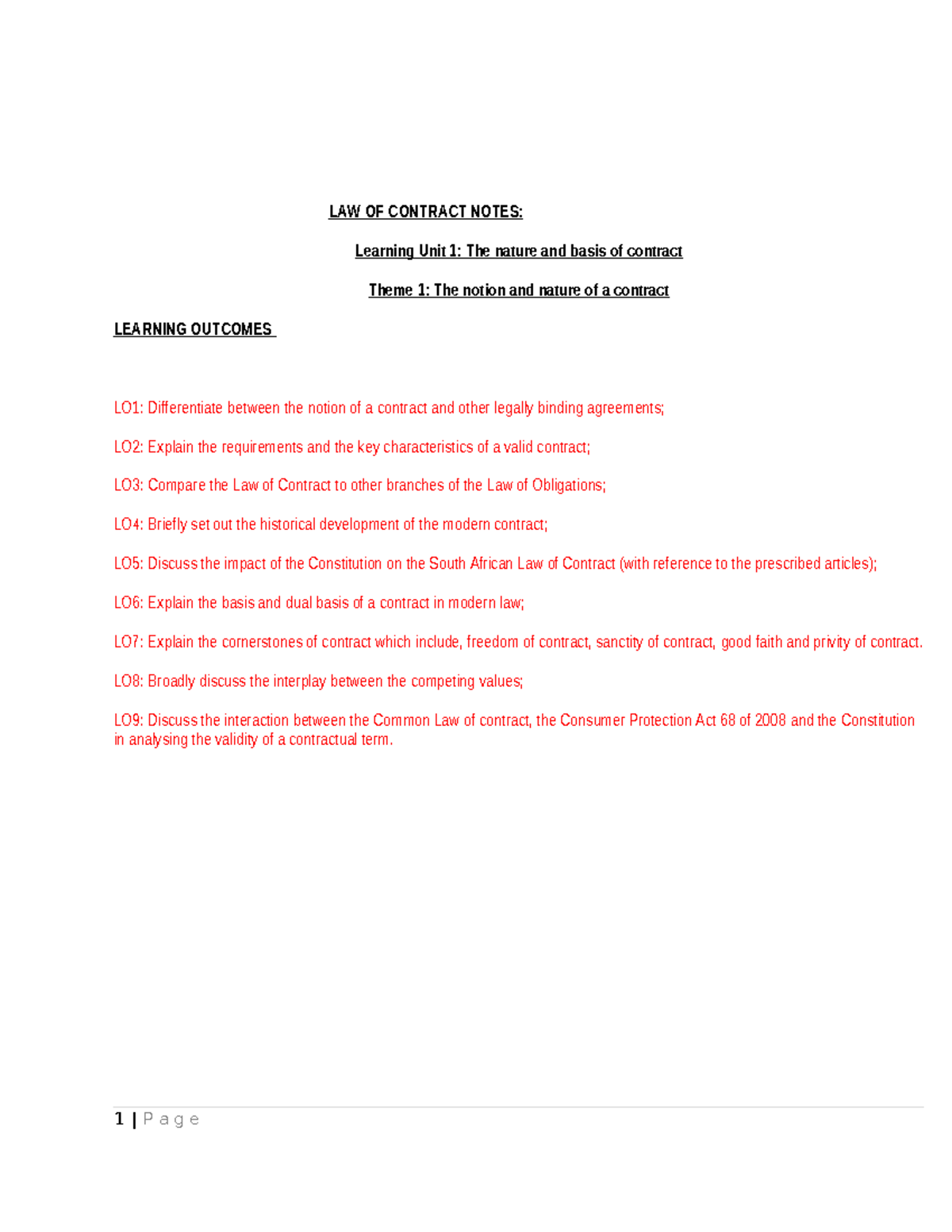 LACO - LU1 Theme 1 - Lecture Notes - LAW OF CONTRACT NOTES: Learning ...