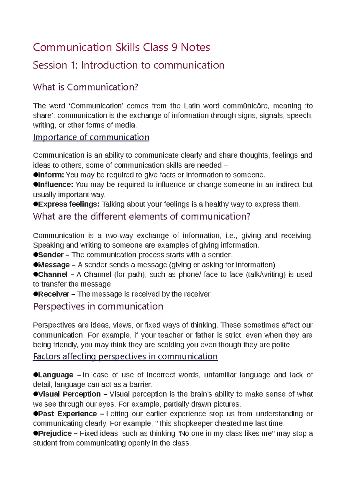 Communication Skills & Self Management Class 9 Notes - Studocu