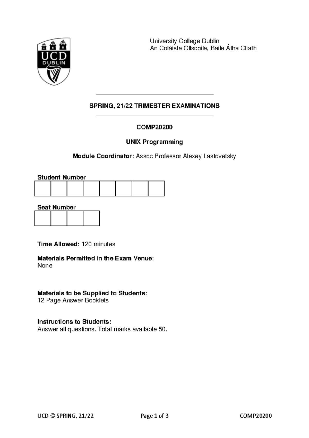 UCD COMP20200 UNIX Programming Spring Trimester Practice Exam - Studocu