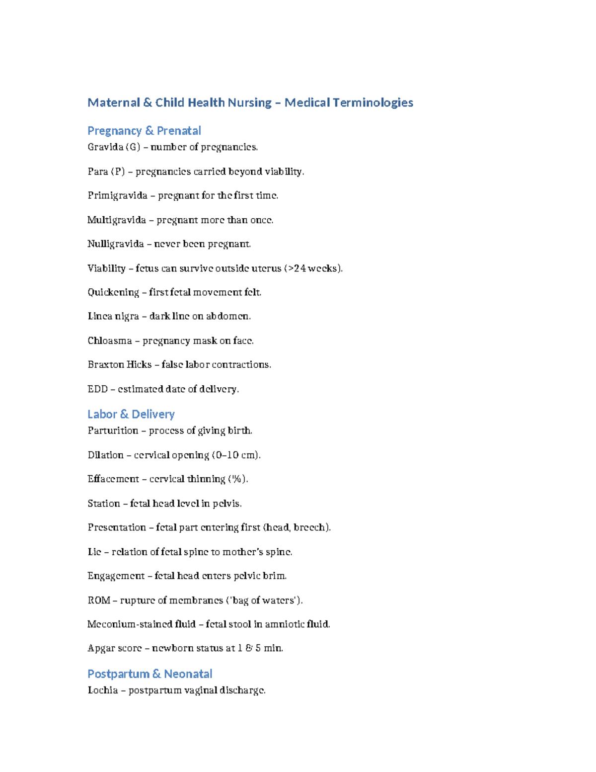 Maternal Child Health Nursing: Key Medical Terms and Definitions - Studocu