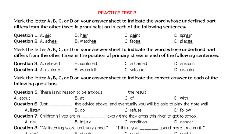 Practice Test 3 & 4: English Language Assessment - Studocu