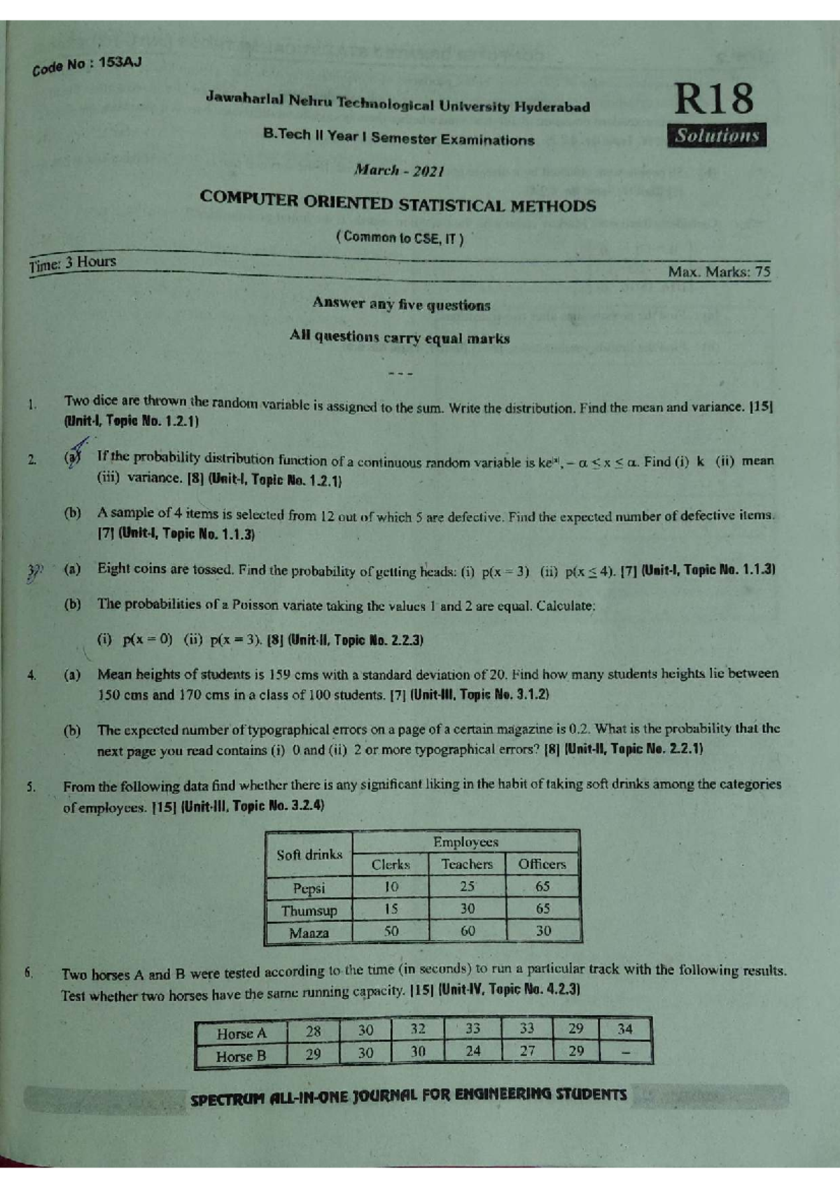 B.Tech II Year Semester Exam: Computer Oriented Statistical Methods ...
