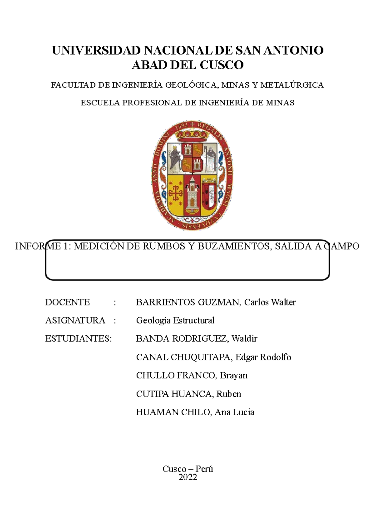 Informe de Medición de Rumbos y Buzamientos - Geología Estructural - Document Preview