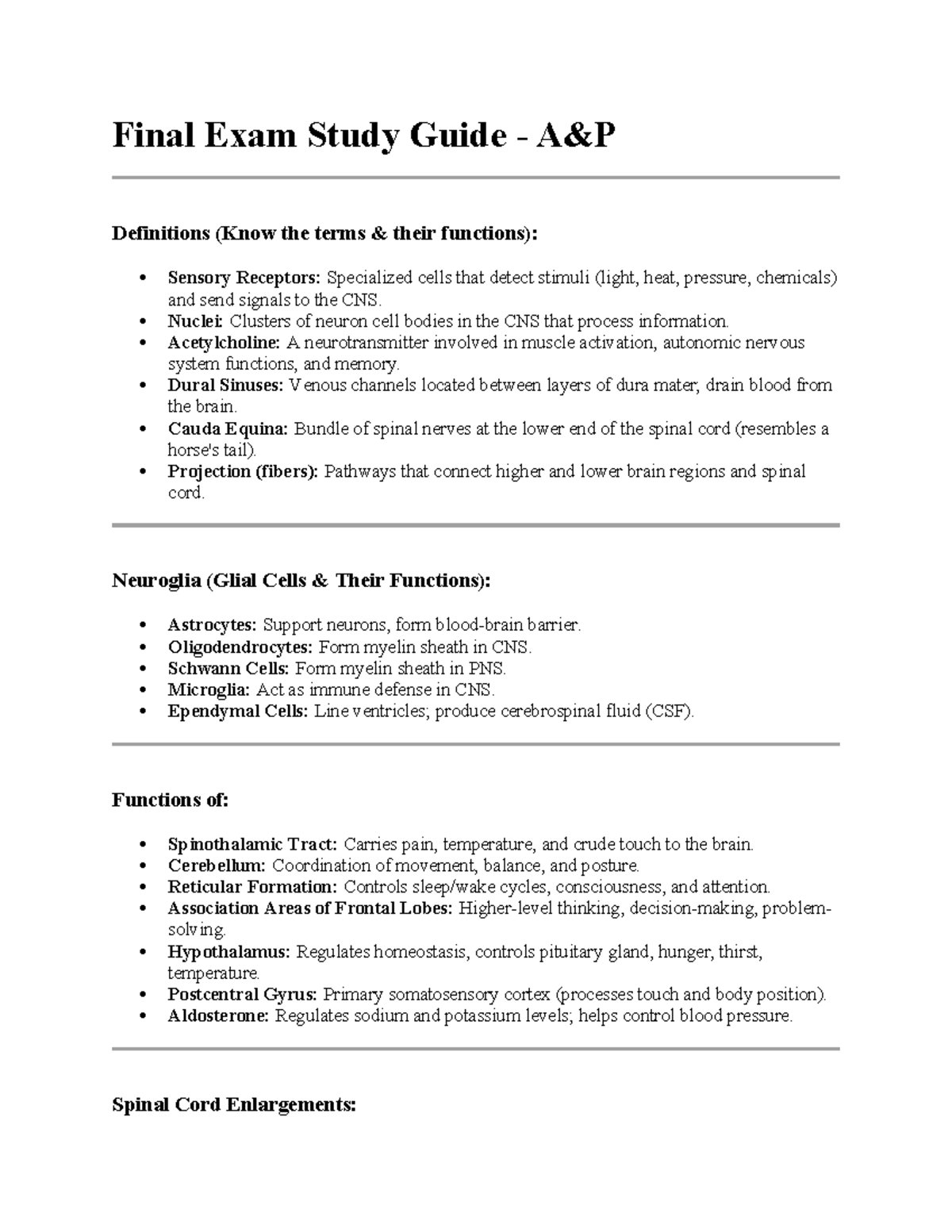 Final Exam Study Guide: Key Terms and Functions in Neuroscience - Studocu